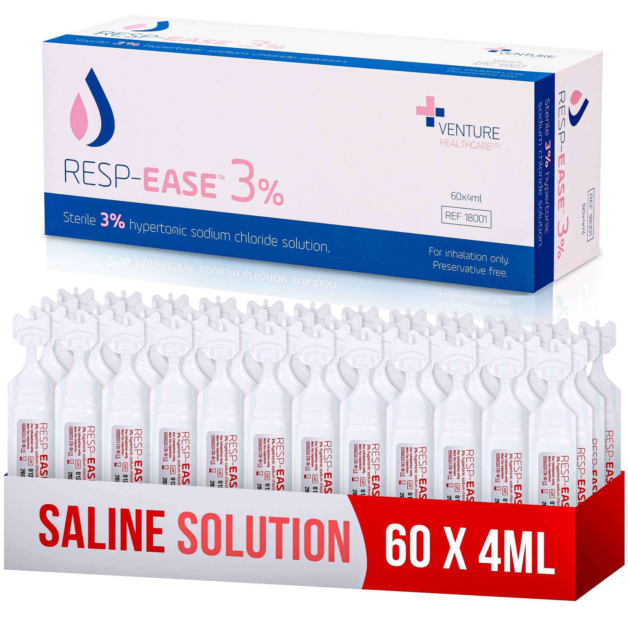 Resp-Ease® 3% Sterile Hypertonic Saline Solution for Inhalation via Nebuliser - Helps Clear Airways and Congestion from Lungs - 60 x 4ml Vials - Strong Nebuliser Saline Solution