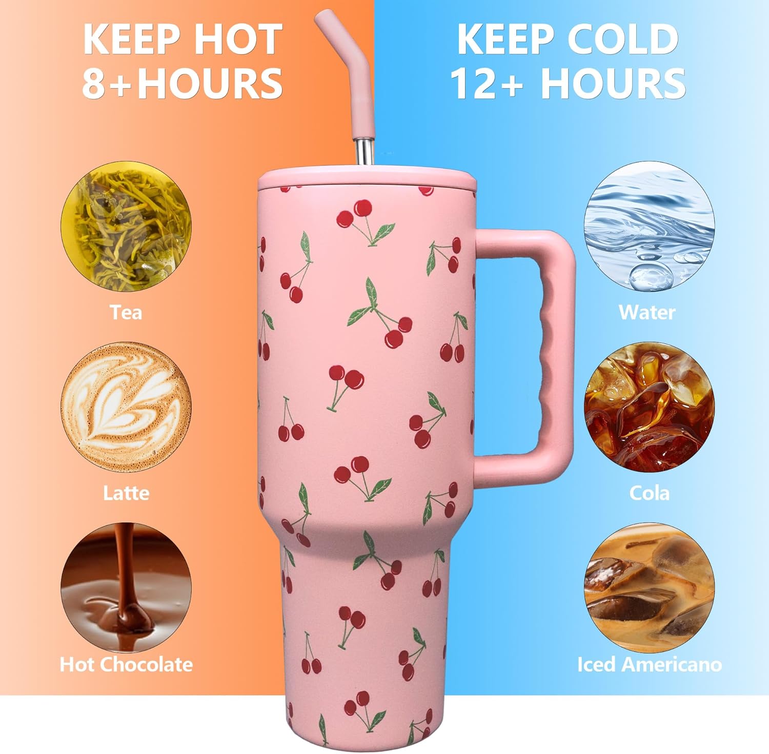 Cherry Tumbler with Straw and Lid Vacuum Insulated 40oz Pink Stainless Steel Cup Gifts for Women Birthday Present Cherry Water Bottle Coffee Cup for Home or Travel
