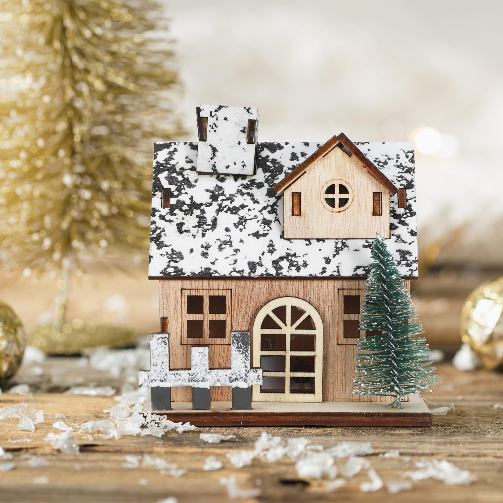 Toddmomy 3stücke Holzhäuser-Set mit Led-lichtern für Weihnachtsdorf-Dekoration Winter-Thema-Accessoires und Festliche Anlässe Rustikale Mini-weihnachtshäuser zum Aufstellen