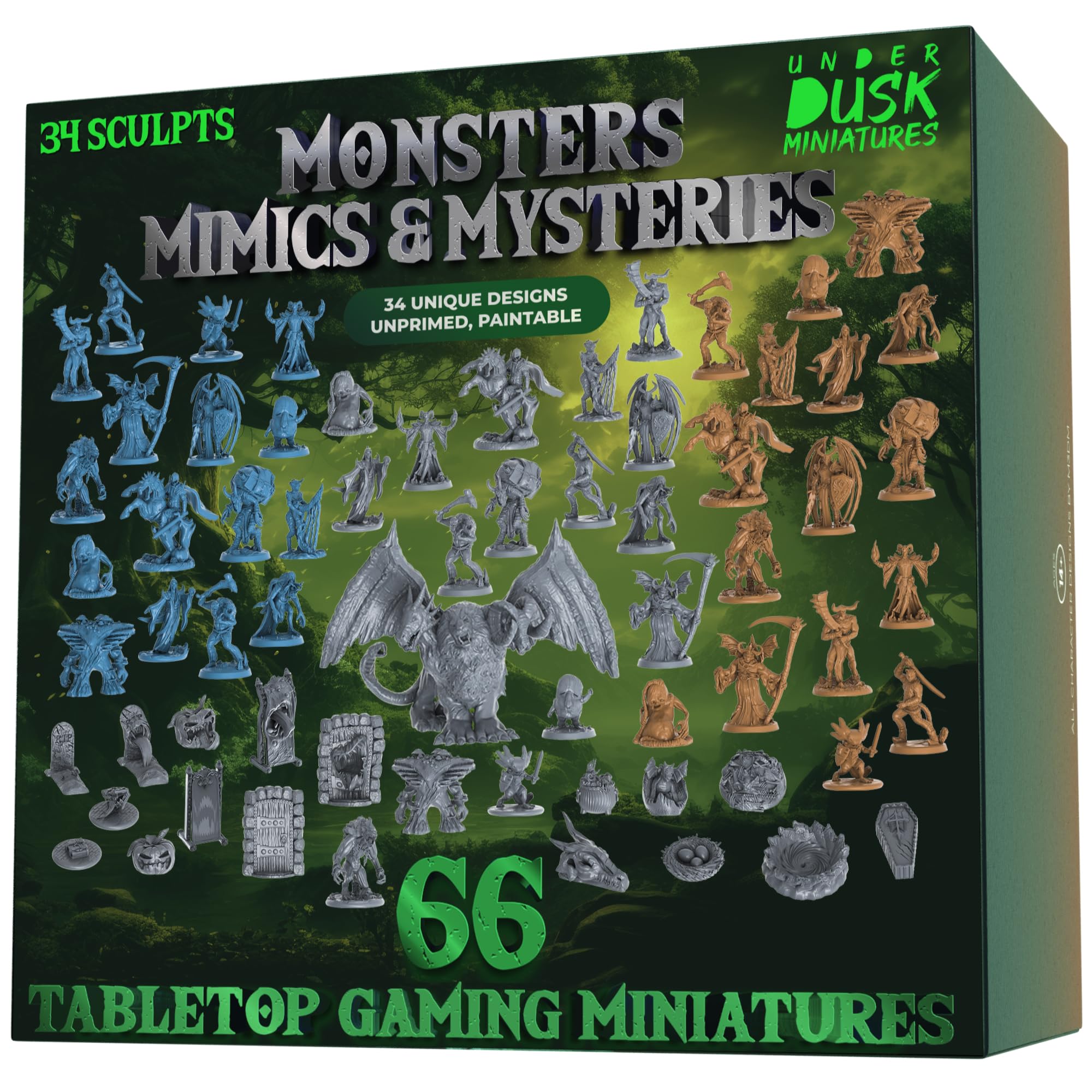Underdusk Monsters, Mimics & Mysteries - 66pc DND Multi-Color Miniature Set for Dungeon Masters: 48 Creatures in 3 Colors, 10 Transforming Mimics, 7 Dungeon Terrain Pieces, Chimera Boss; Stat Blocks