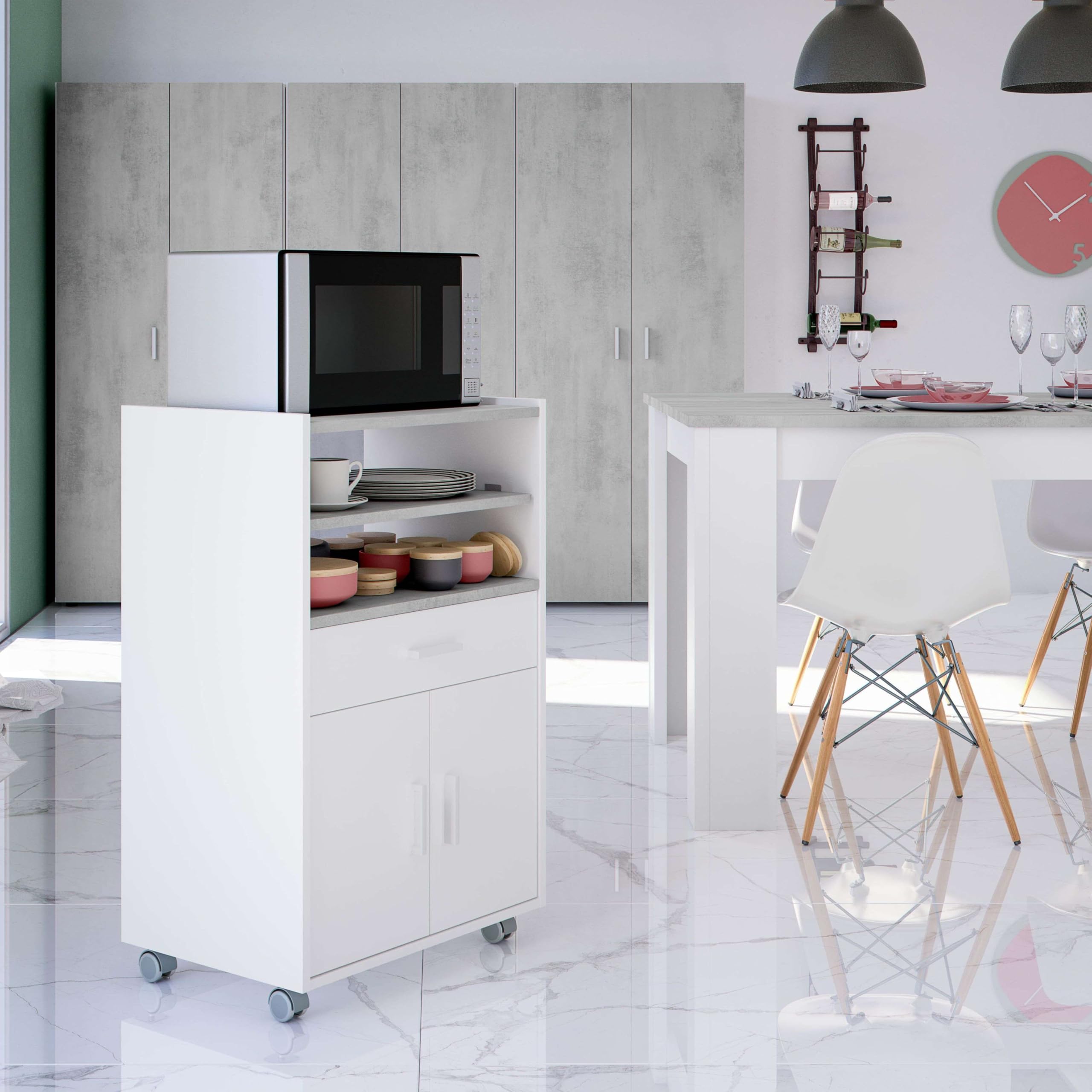 Habitdesign Armadietto ausiliario per microonde, tavolo da cucina con cassetto e due ante, colore bianco e cemento, misure: 92 cm (altezza) x 59 cm (larghezza) x 40 cm (profondità)
