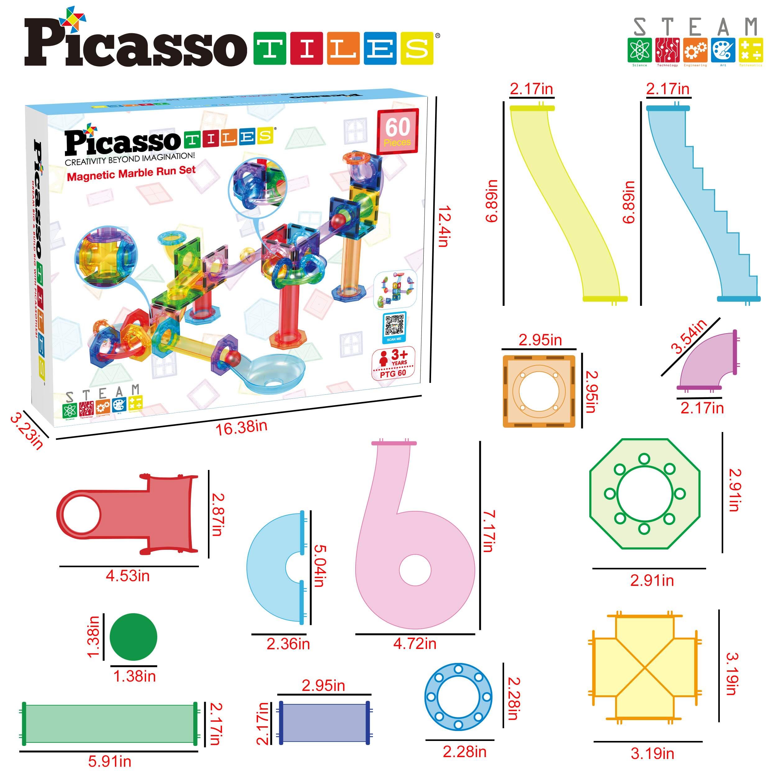 PicassoTiles Marble Run 60 Piece Race Track Magnetic Tiles Magnet Building Block Educational Construction Toy Set Playset STEM Learning Kit Child Brain Development HandEye Coordination Training PTG60