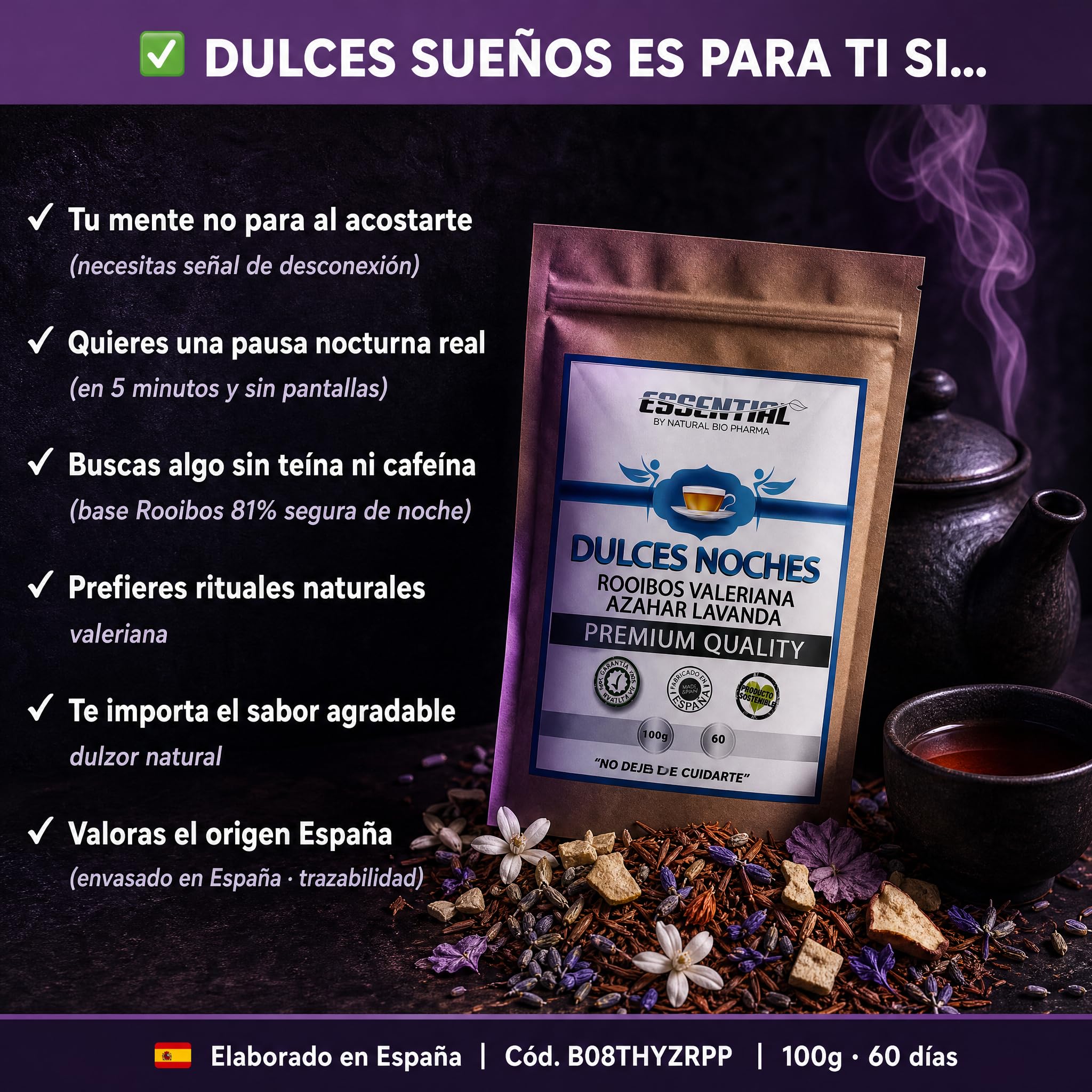 Duerme bien. Infusiones Relajantes para la Ansiedad y para Dormir Profundo toda la Noche. Rooibos de Valeriana, Lavanda, Malva, Azahar y Manzana. Sueño Profundo con esta Infusión Relajante para Dormir