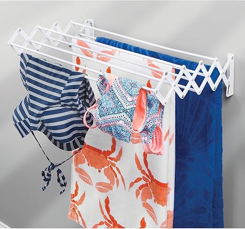 Miniatura 2 de mDesign Estante de secado de aire retráctil extensible de acero para montaje en pared, 8 barras para colgar prendas, organizador montado para