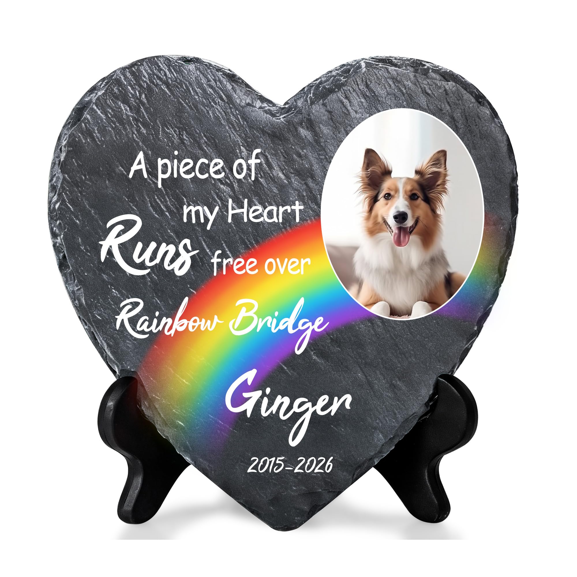 Gredstar Personalised Pet Memorial Plaque with Photo – Rainbow Bridge Slate Photo Frame, Grave Marker for Dog Cat, Sympathy Gift for Pet Loss