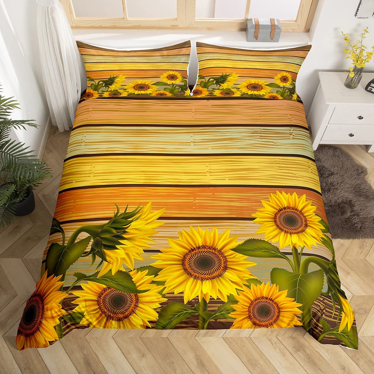 Housse de couette texture en bois et fleurs pour une chambre style chalet nature