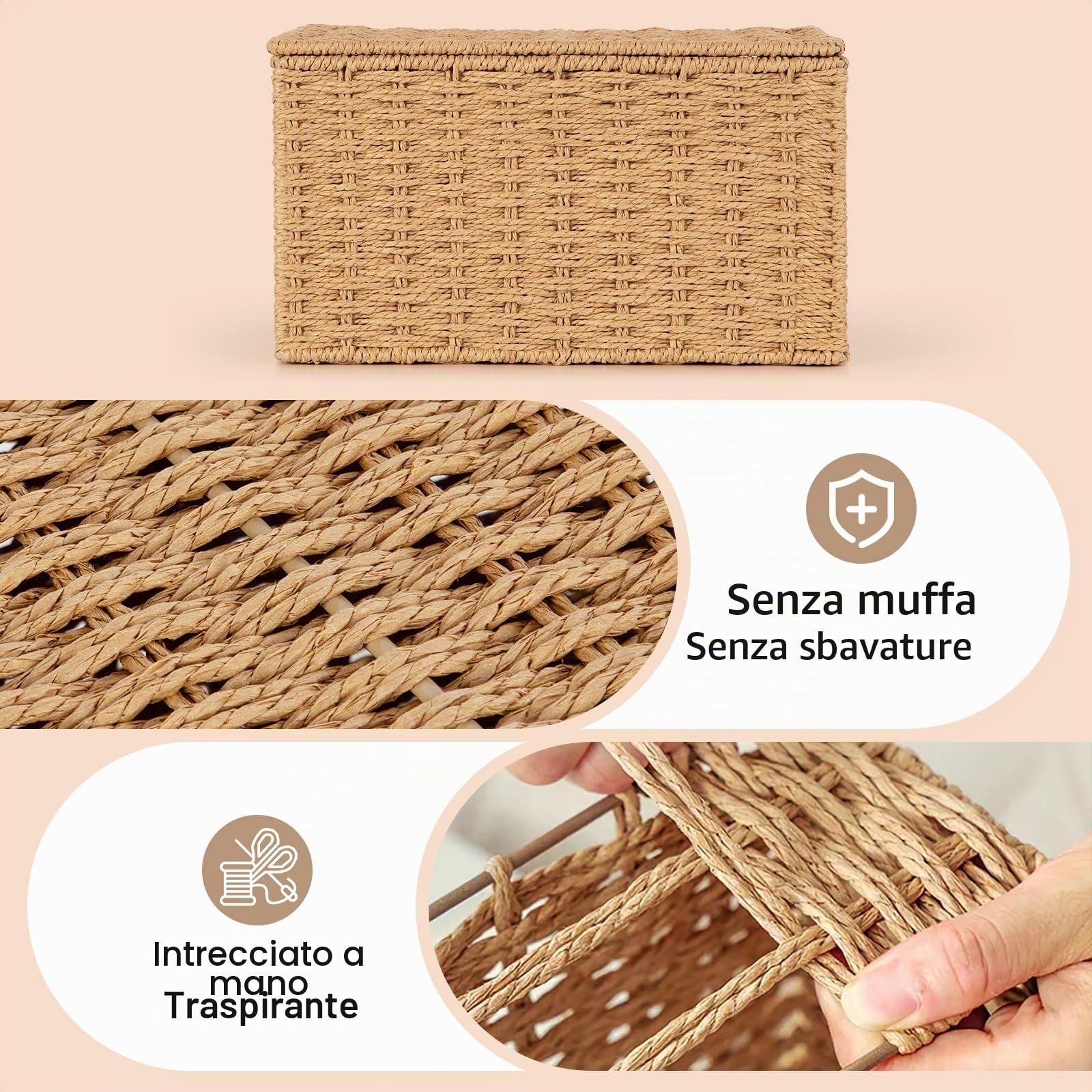 Cestini Portaoggetti con Coperchio,Cesto Vimini Piccolo Bambini Cesto in Corda di Carta Cestino porta Giocattoli Cestino da Bagno,per Camerette, Bagno, Cassetti, Cucine, Soggiorno