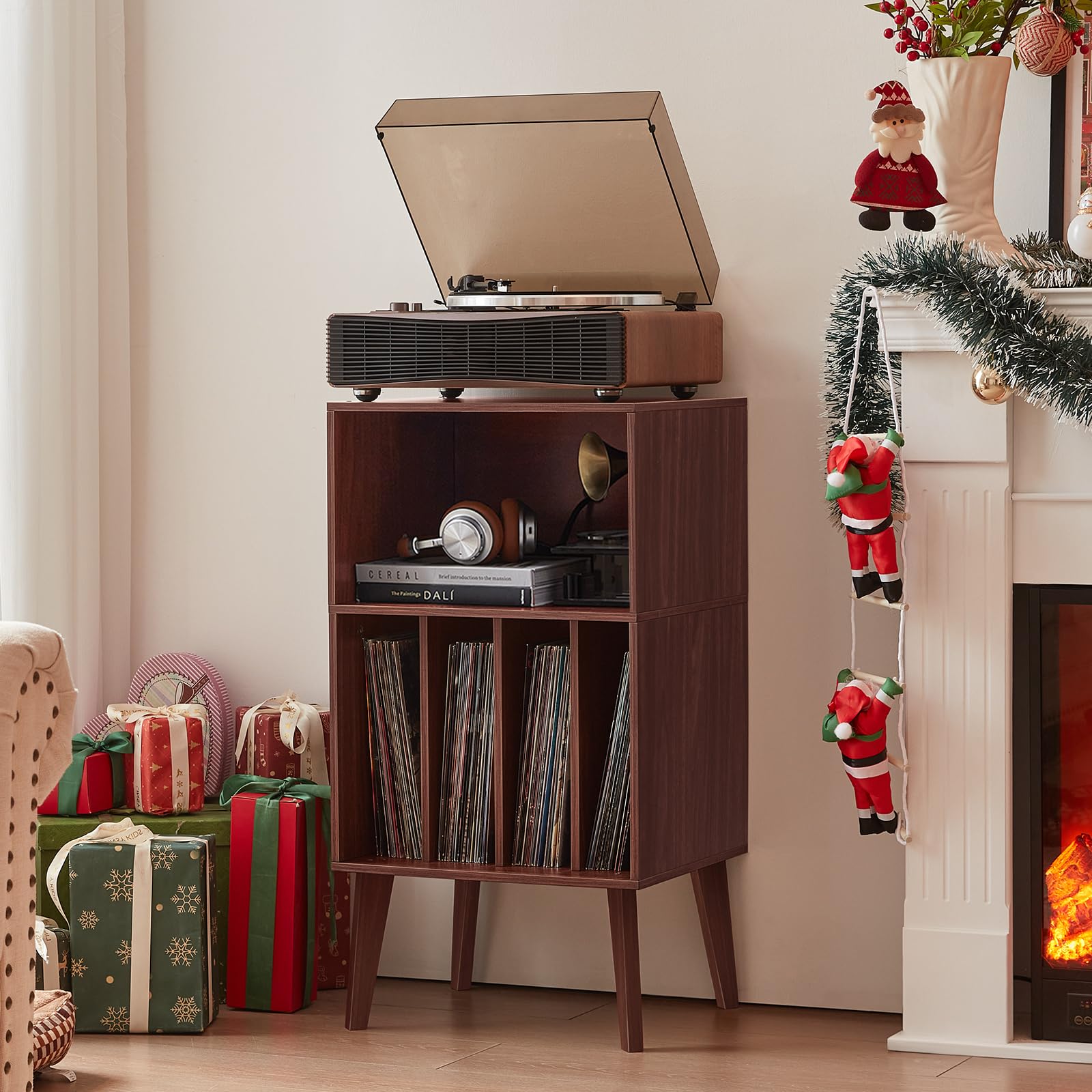 LELELINKY Supporto per giradischi, offre spazio fino a 160 album, supporto in vinile Mid-Century, tavolo con gambe in legno, noce