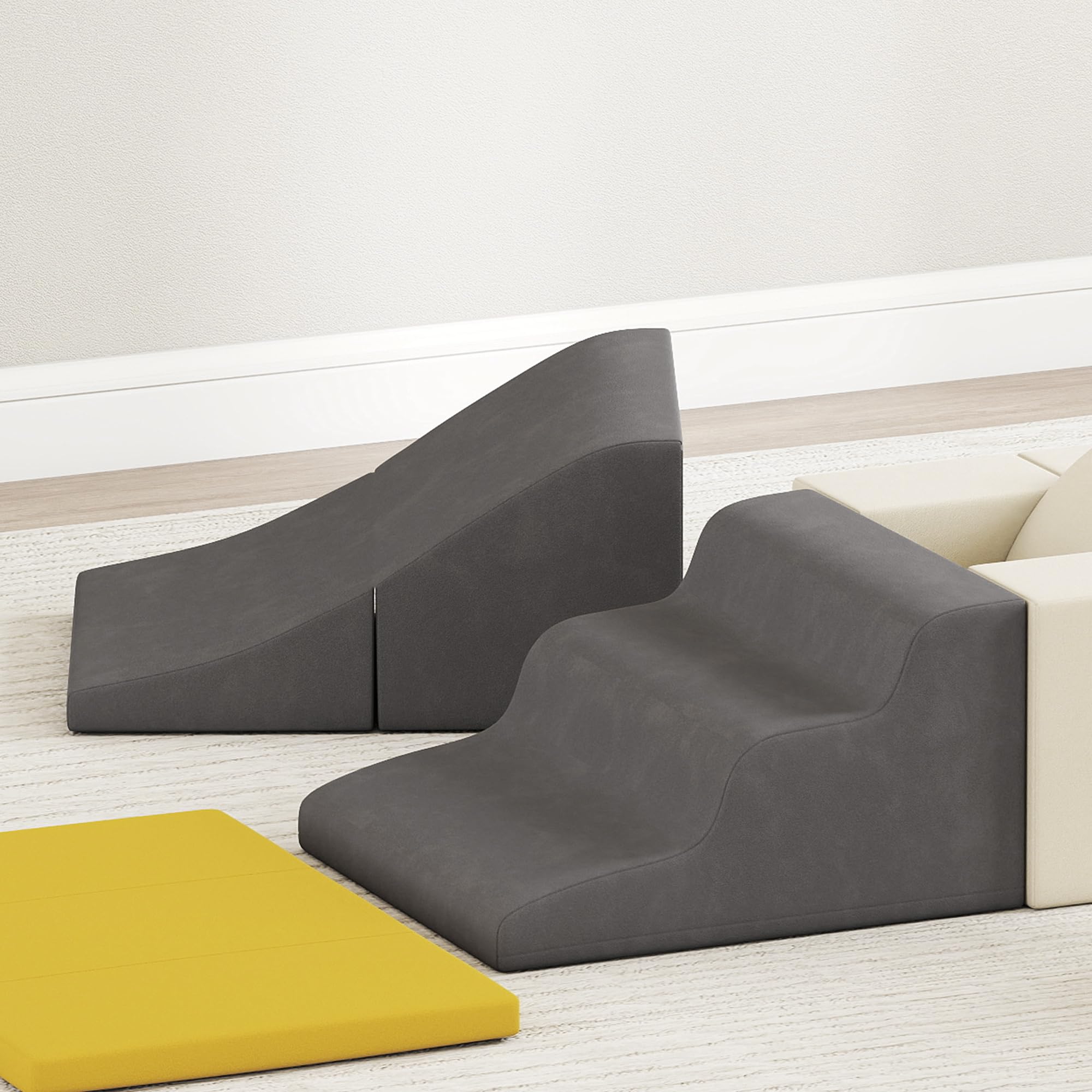AIYAPLAY Parcours motricité bébé modulable, Blocs Mousse éducatifs, 7 pièces avec Housse Lavable en Velours, Base antidérapante, Jeu de motricité intérieure pour Enfants 6 Mois à 3 Ans, Jaune