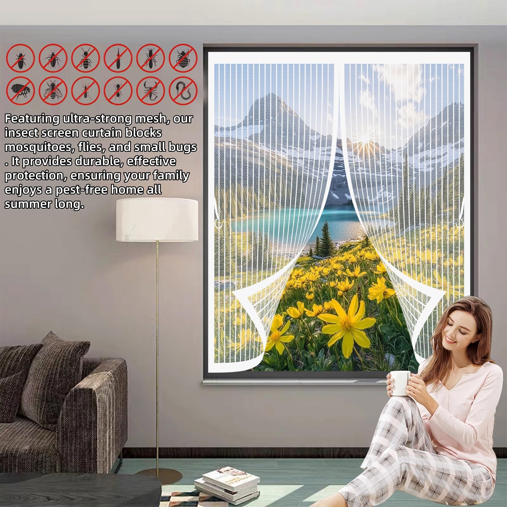 Moustiquaire Enroulable 152 x 154 cm Maintient L'Air Frais à L'Intérieur, Maille Ultra Fine, Installation Sans Perçage Moustiquaire Fenetre pour Les Fenêtre de Multi Types, Blanc