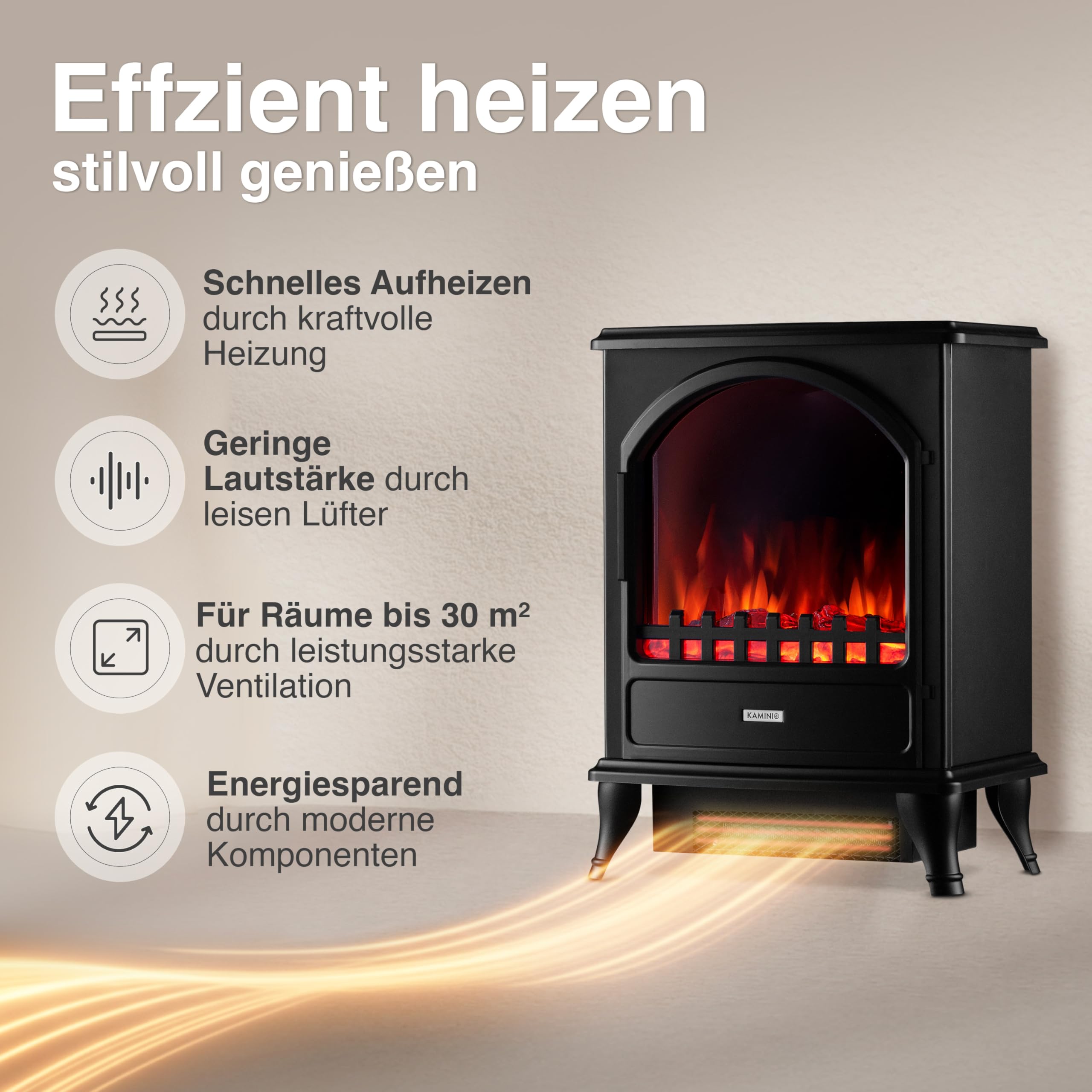 KAMINIO Elektrokamin Leni - Elektrischer Kaminofen mit Heizung, 3D-Flammeneffekt (Schwarz)