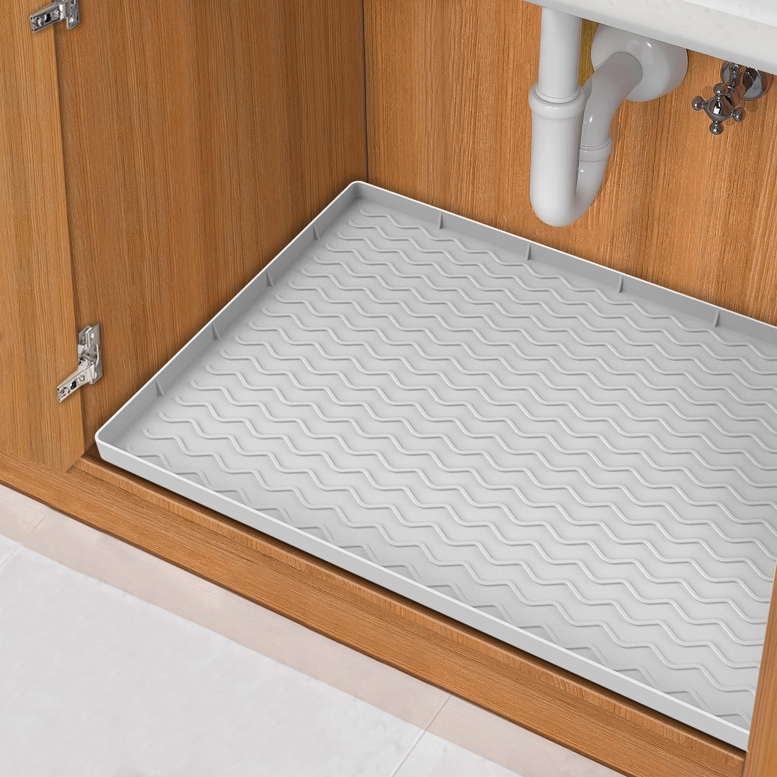 Under Sink Mat for Kitchen Waterproof, 34" x 22" Silicone Under Sink Liner, Kitchen Bathroom Cabinet Mat, Fit 36inch Standard Cabinet Mat Under Sink Organizer Drip Tray Light Grey