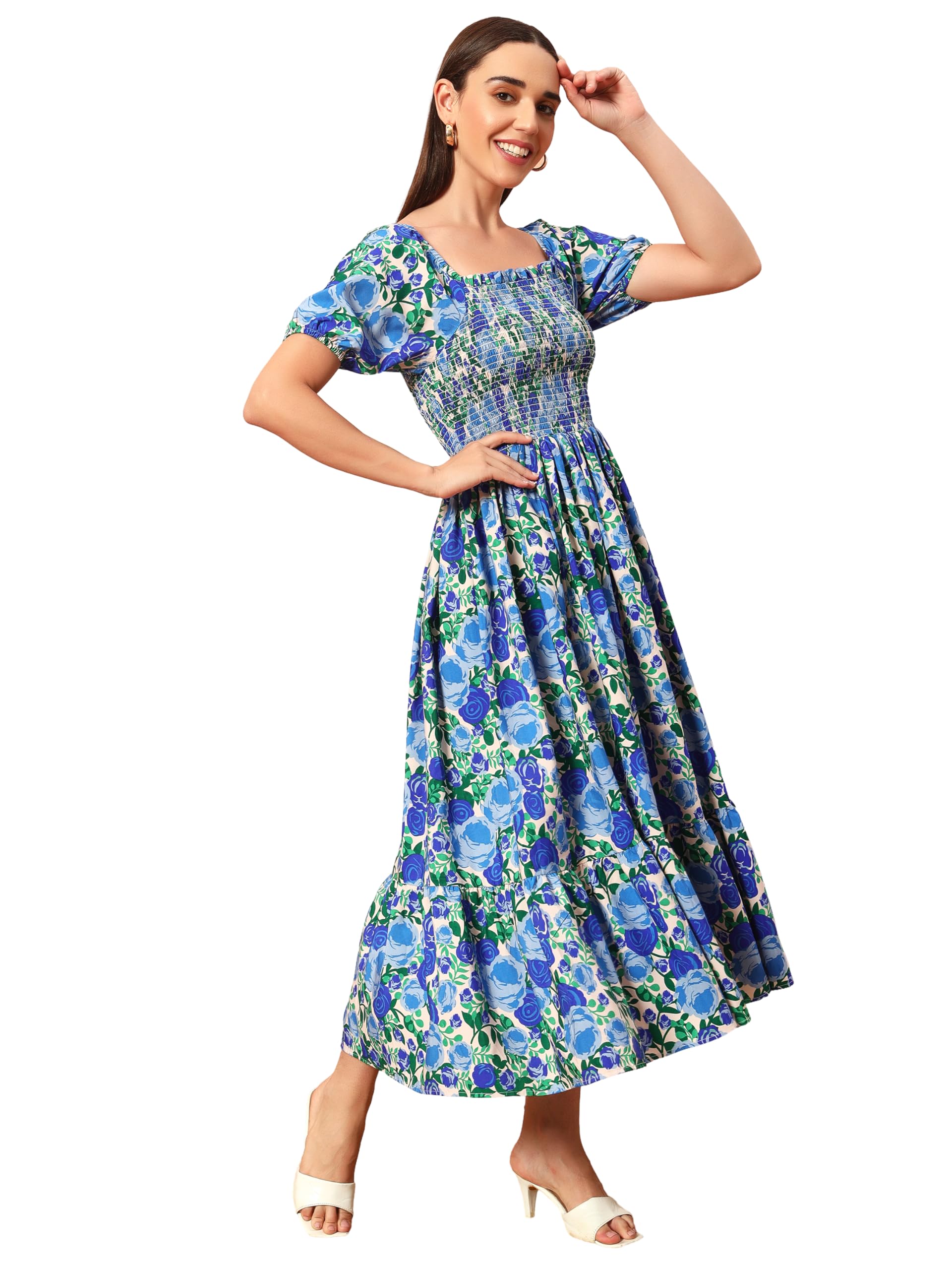 Kzully Women's Rayon Smocked Midi Dress (1003-Blue-M_Blue