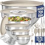 Priority Chef 6Pc Grandes cuvettes de mélange avec ensemble de lids avec bases antidérapantes, ensemble de cuvettes en acier inoxydable, 6 Lids hermétiques 3 Graters, Ensemble d'Utensiles, Gris