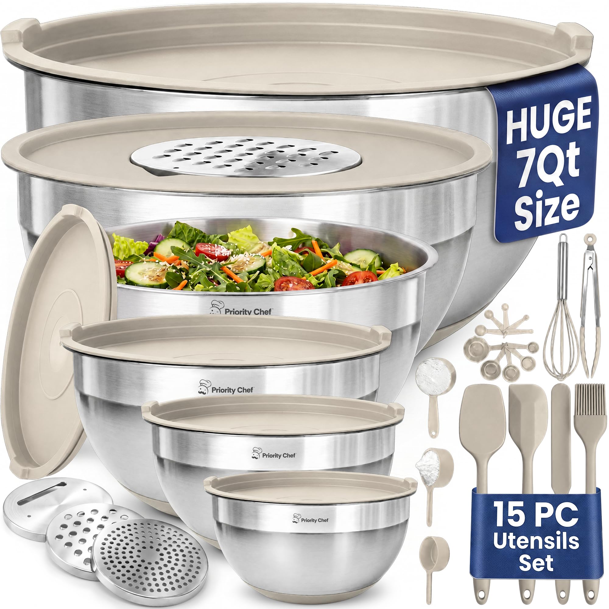 Priority Chef Edelstahl-Rührschüsseln mit Deckel, Premium, 30-teilig, mit 6-teiligem Metallschüssel-Set für Küche, 3 Reiben, luftdichte Deckel, rutschfeste Böden und Silikon-Utensilien, Khaki