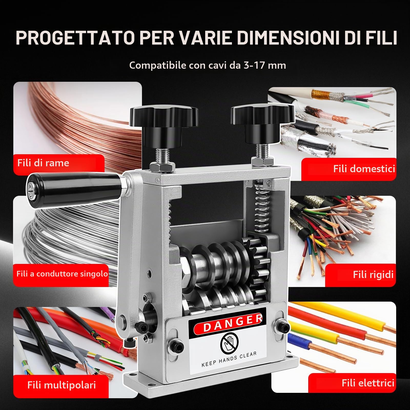 Macchina Spela Cavi Elettrici, Orifesio Macchina Spellacavi con 6 Canali e 5 Lame, Spela Cavi Elettrico Manuale per Cavo da 3-17 mm, Macchina Spellacavi Elettrica per Riciclaggio dei Cavi in ​​Rame