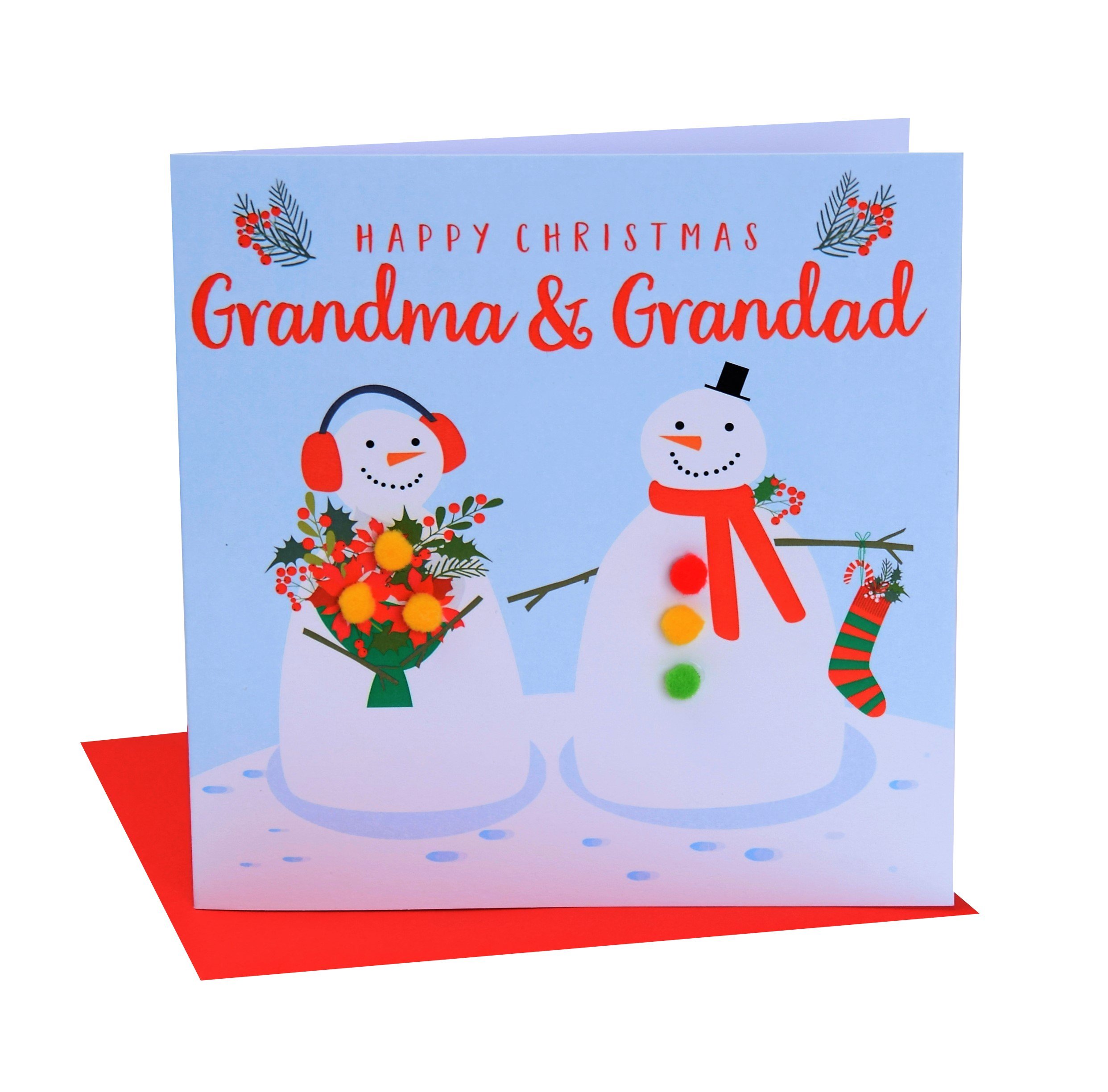 Claire Giles Greeting Cards, Happy Christmas Grandma and Grandad Card, Two snowmen design xmas Greeting Card, Embellished with Colourful Pompoms