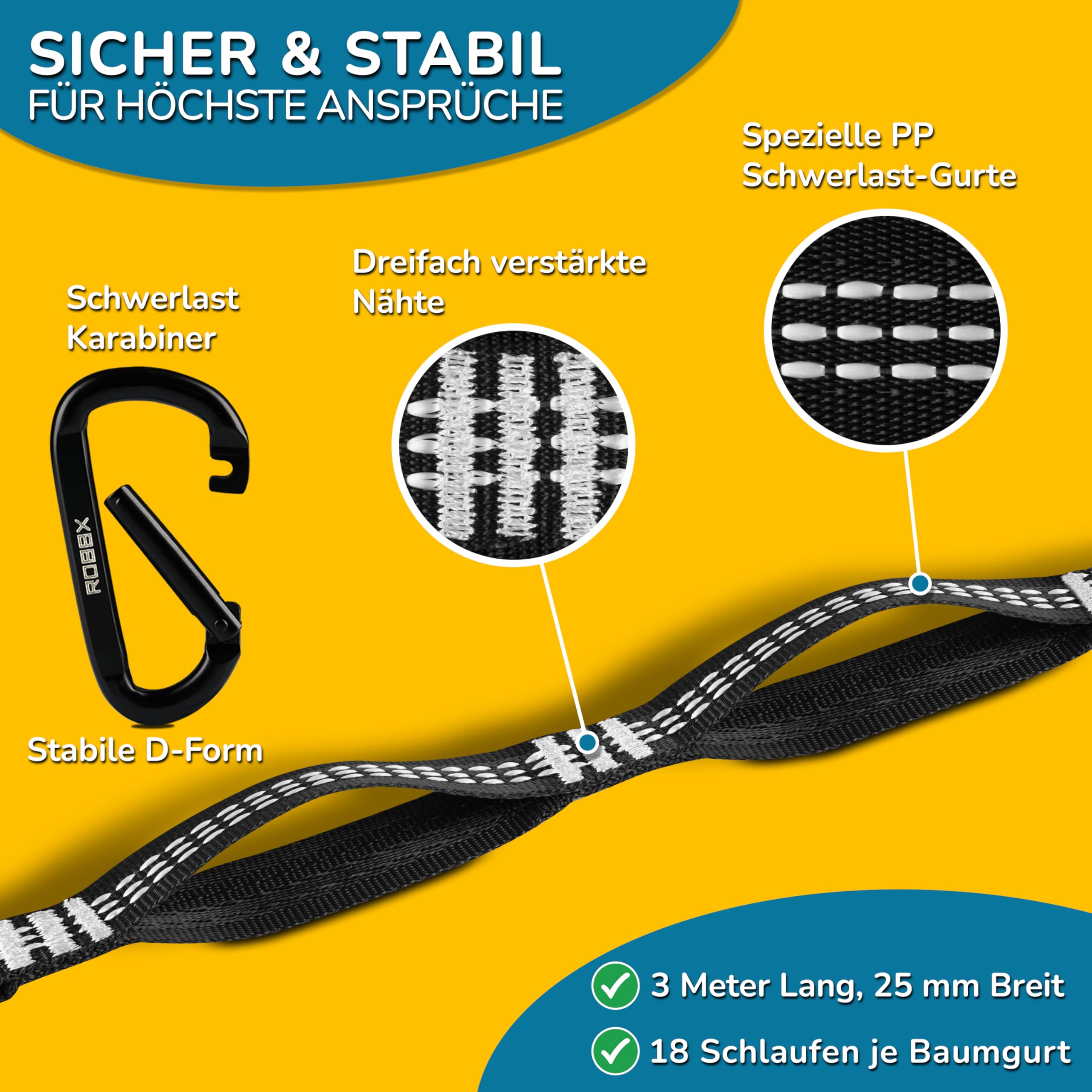 ROBBX® Hängematte Befestigungsset 300x2,5cm inkl. Schwerlast Karabiner | Hängematten Aufhängung mit 18 Schlaufen bis 1200kg | Schaukel Baum Befestigung