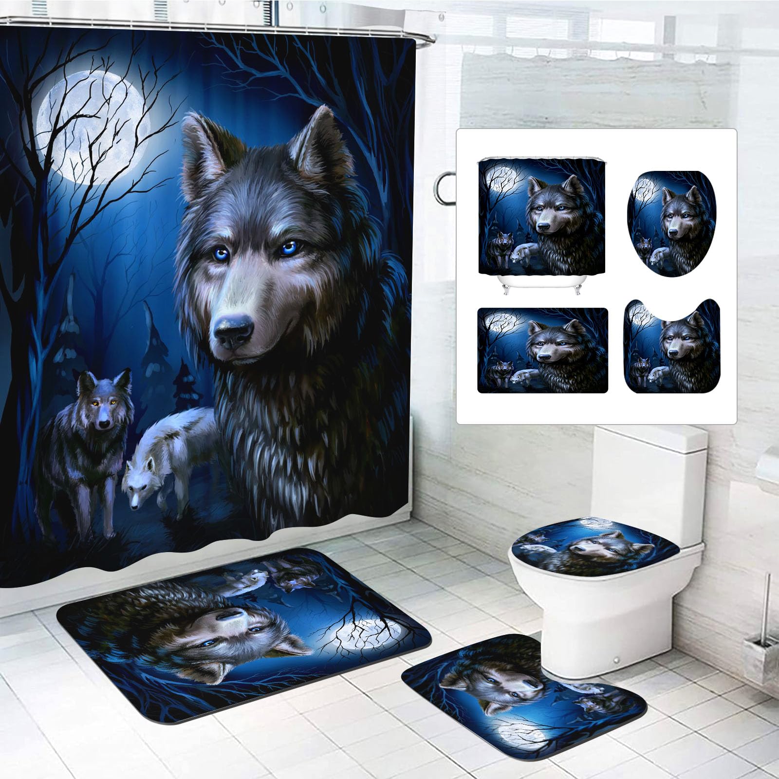 SMchwbc Wolf Shower Curtain 180 x 180 cm 180 x 200 cm Wolves Textile Forest Animal Shower Curtains Set Polyester Fabric Wild Animals Shower Curtains Bathroom Rug 4-Piece Set (120 x 200 cm (W x H), 3)