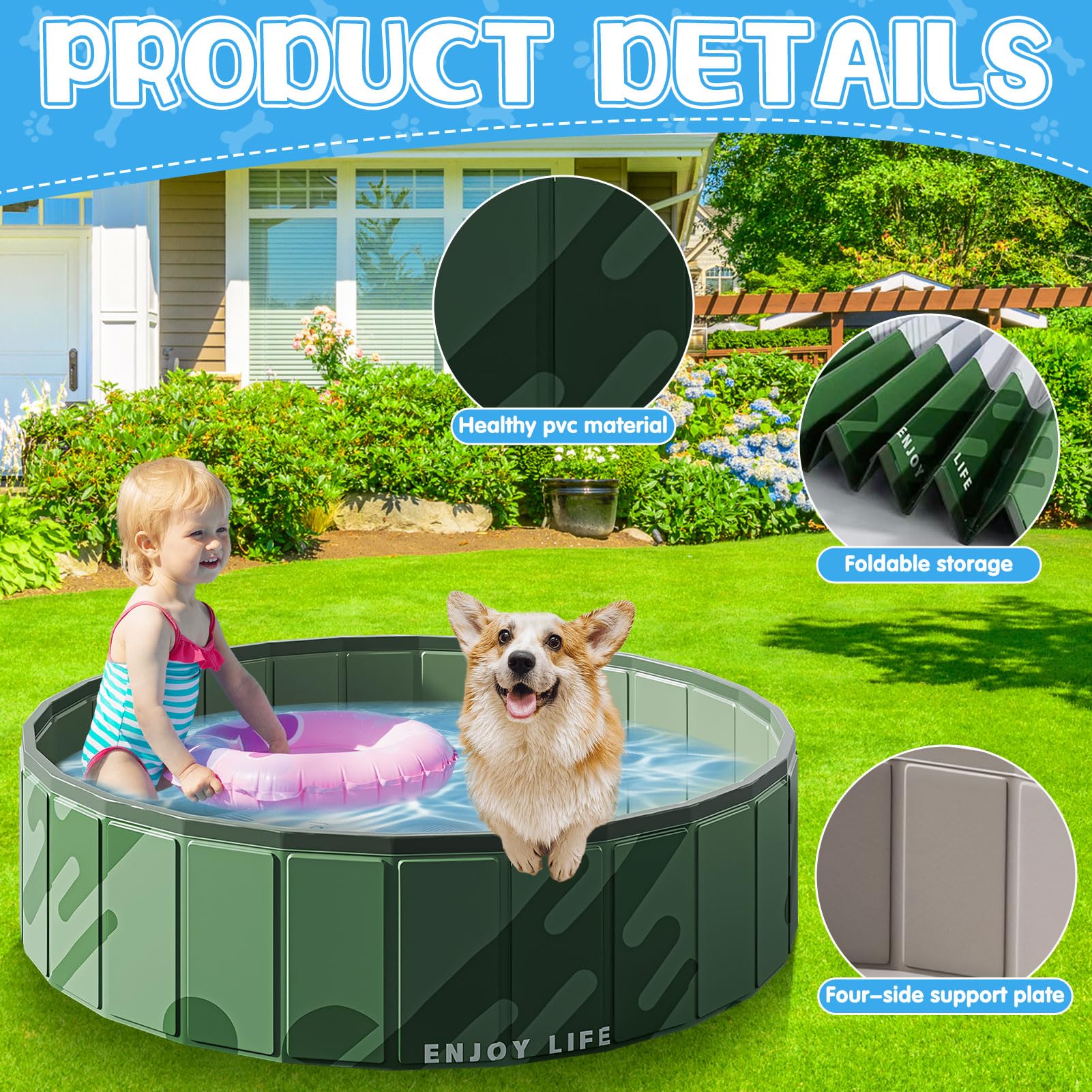 Piscine pour chien pliable - Pataugeoire pour enfants et chiens - En PVC épais - Sans gonflage - Antidérapante - Pour balcon, piscine pour enfants, chats, chiots et grands chiens (B-100 x 30)