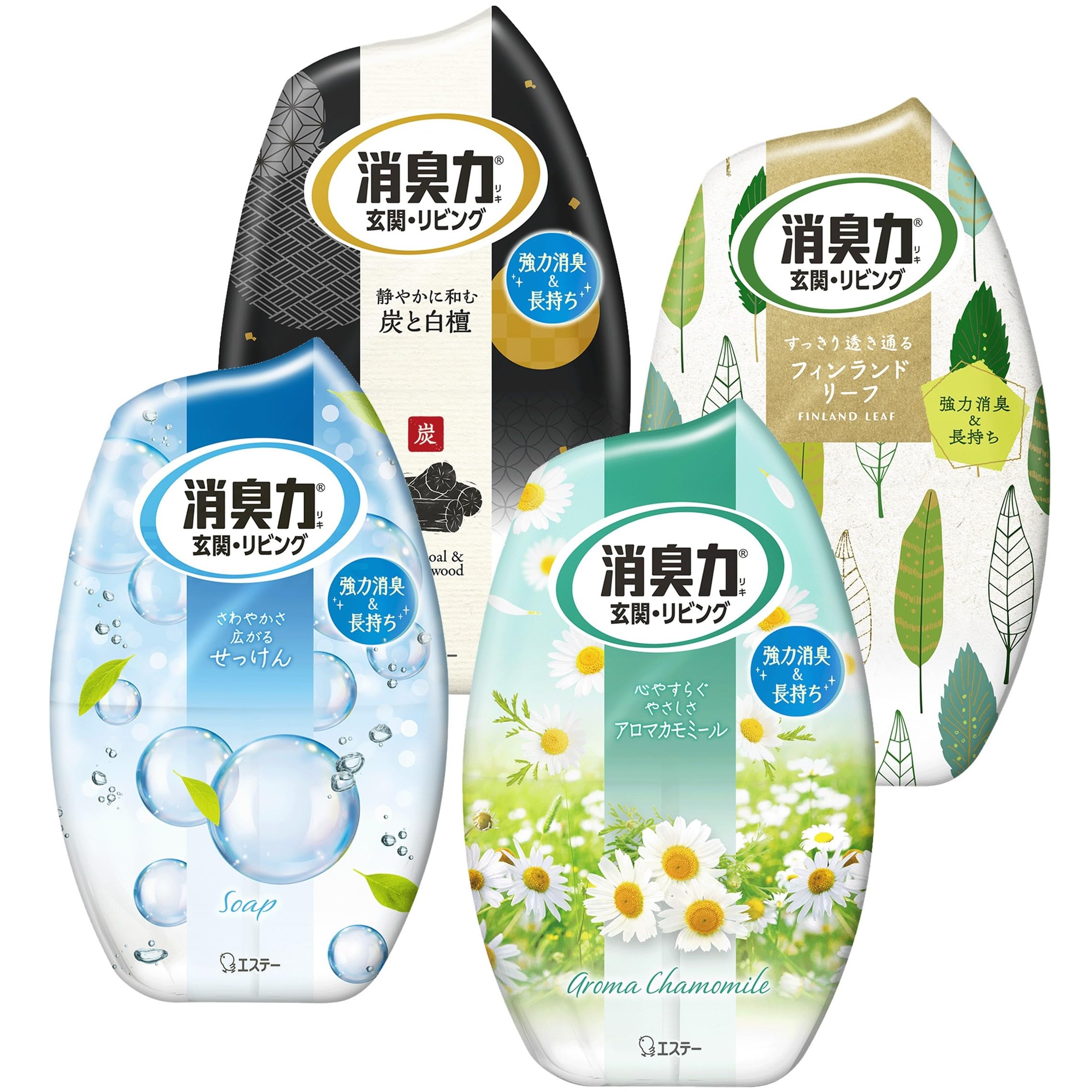 消臭力 [香り4種アソートパック] 玄関 リビング お部屋用 置き型 (せっけん・アロマカモミール・炭と白檀の香り・フィンランドリーフ) 400mL×4個 お部屋の消臭力 部屋 寝室 消臭剤 消臭 芳香剤