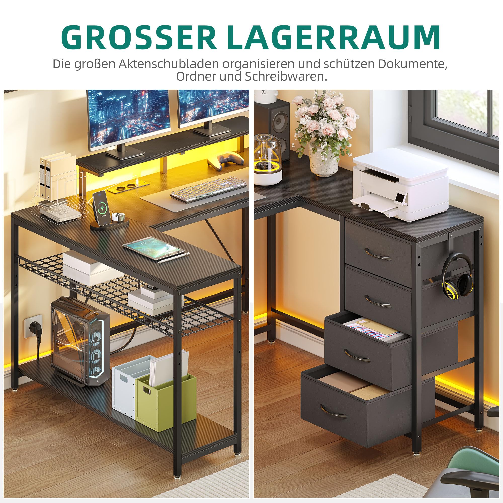 YITAHOME Eckschreibtisch mit 4 Schubladen & Stauraum, 158 x 100cm Gaming Schreibtisch mit LED & Monitorständer für Home Office, Reversible Eck Schreibtisch mit 2 Steckdosen und USB, Schwarz