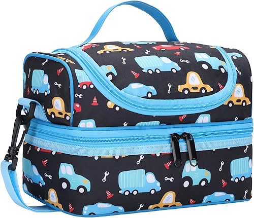 Kasqo Bolsa de almuerzo para niños, bolsa térmica reutilizable con compartimentos de dos pisos para niños, escuela, picnic, viajes, autos negros