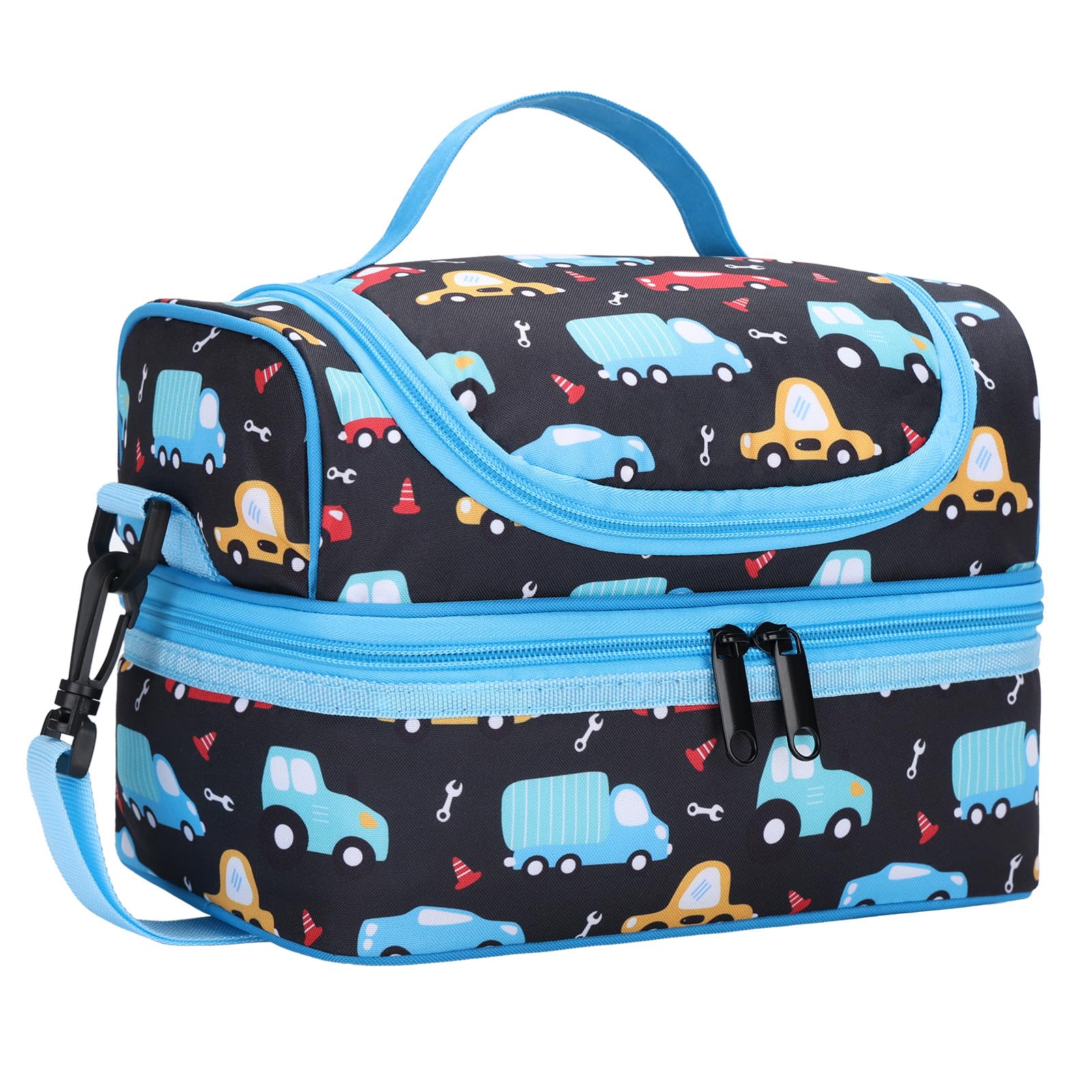 Kasgo Kids Insulated School Lunch Bag, 2-Tier Boys Lunch Box Black Car