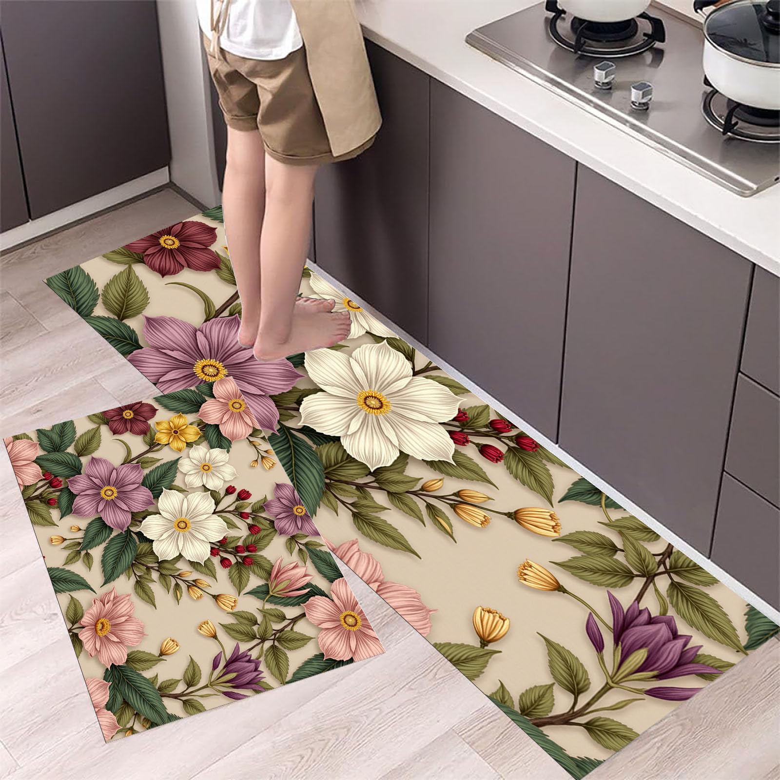 Alfombra de cocina de 50x80 y 50x150 cm con diseño floral para pasillo y puerta de entrada