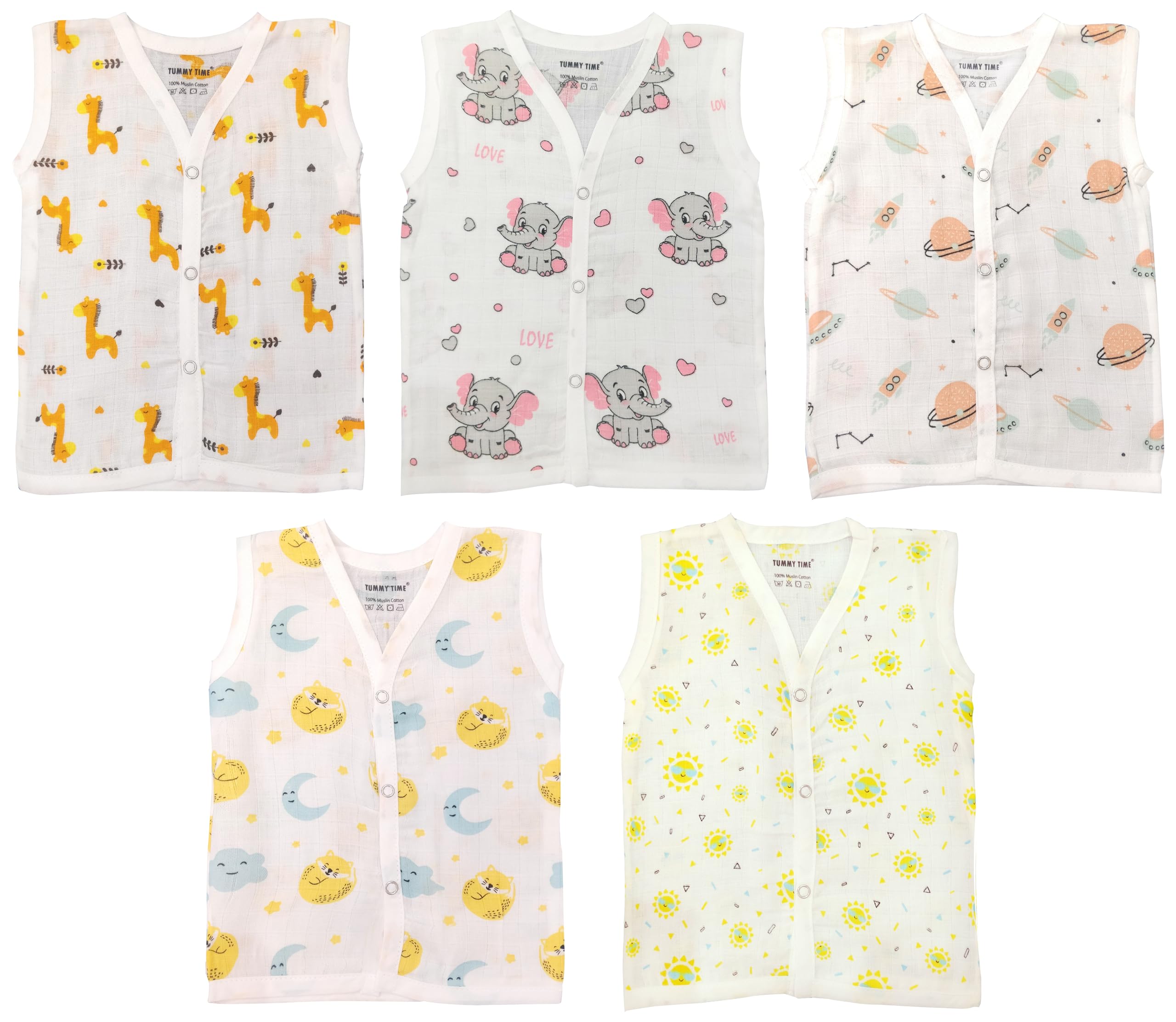 TUMMY TIME - 100% Cotton Muslin Button Jabla | White Jhabla | Assorted Pack of 5 | Size - Newborn | for Boys & Girls | Summerwear Jabala | Sleeveless Vest | Baby Products (0-3 Months)