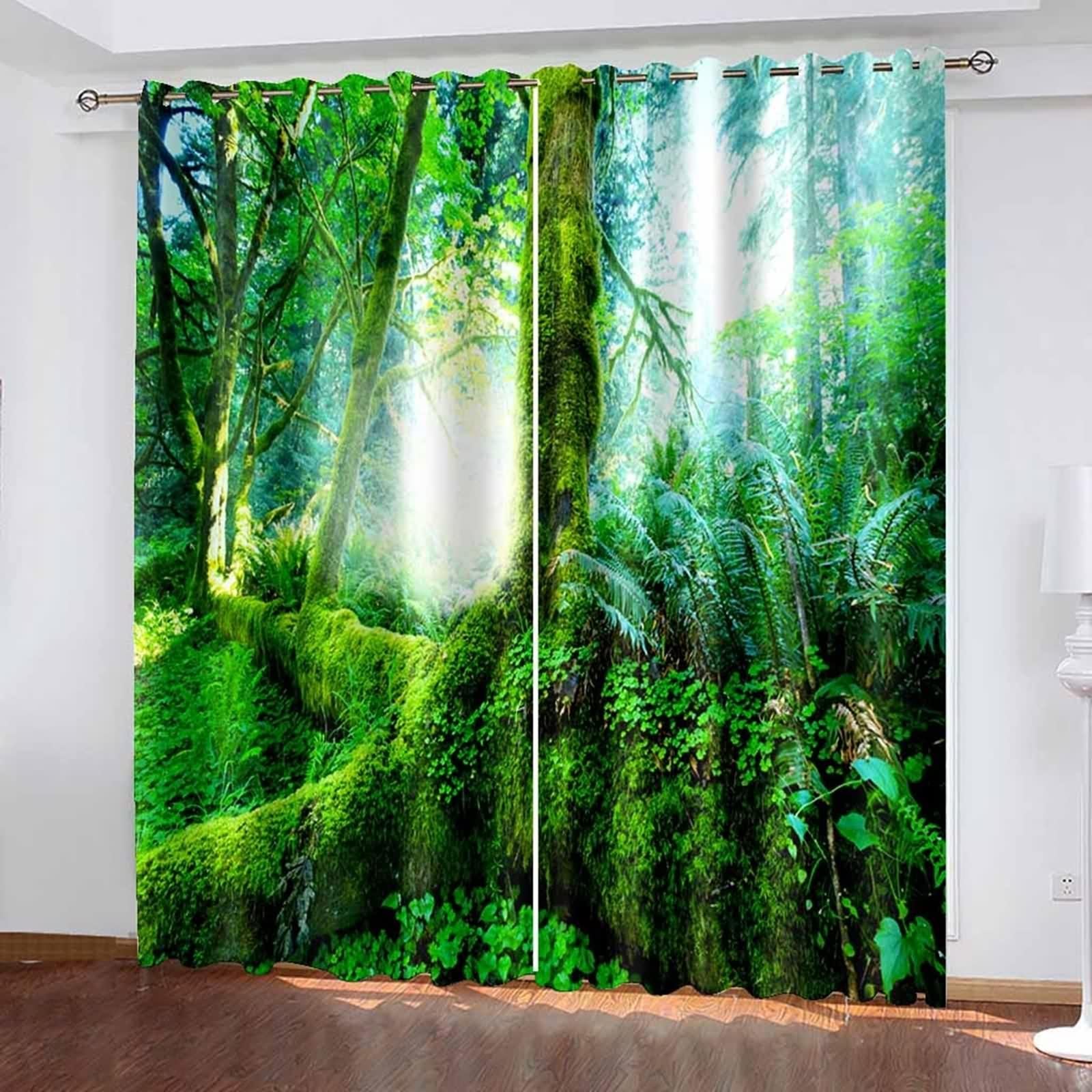 Zasłony o wysokości 160 cm, zasłona dekoracyjna zielona, poliester, słońce i dżungla, zestaw 2 sztuk, szer. 102 x wys. 160 cm