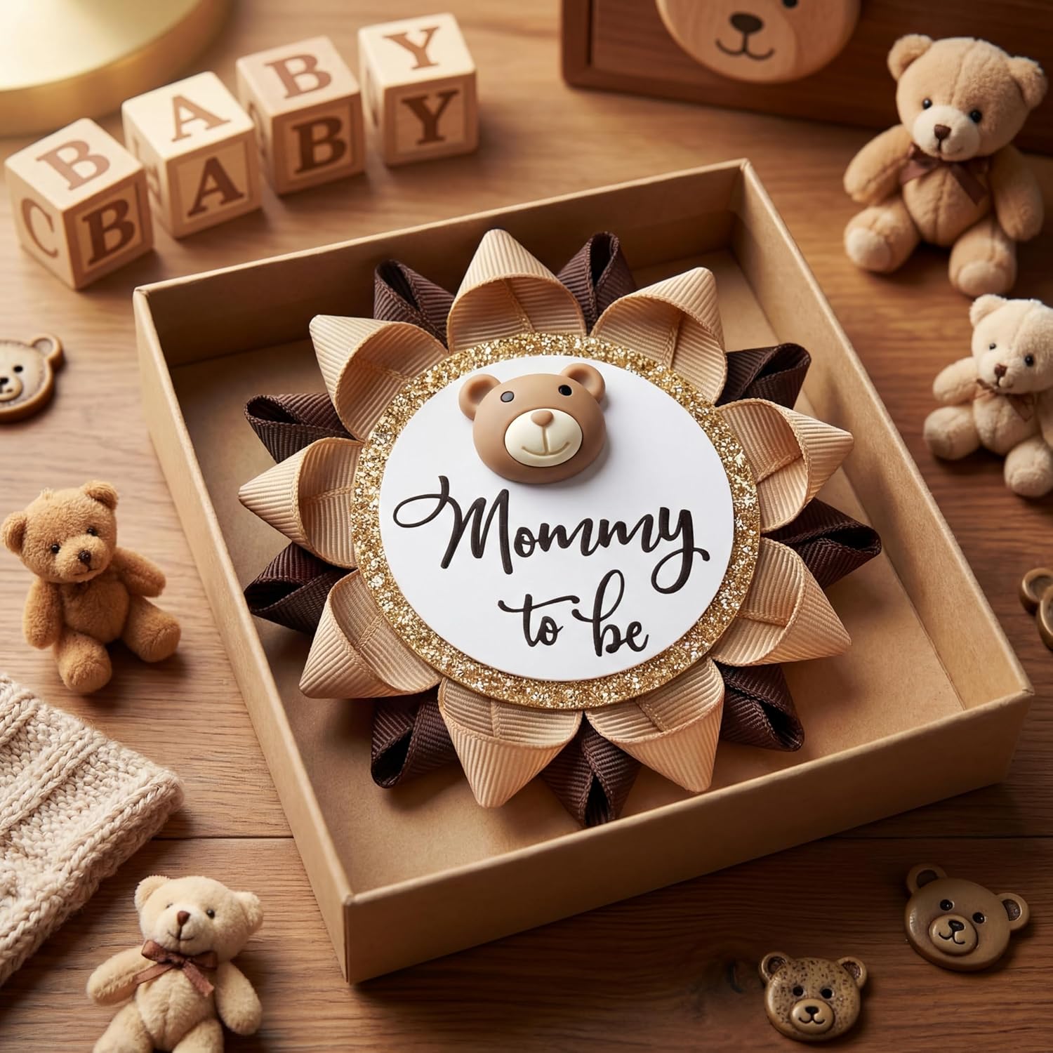 Mom to Be Pin Bear Baby Shower Decorations Gender Reveal Cartoon Bear Badge Button Pin with Gift Box for Gender Reveal Baby Shower Corsage Keepsake New Mommy to be Gifts