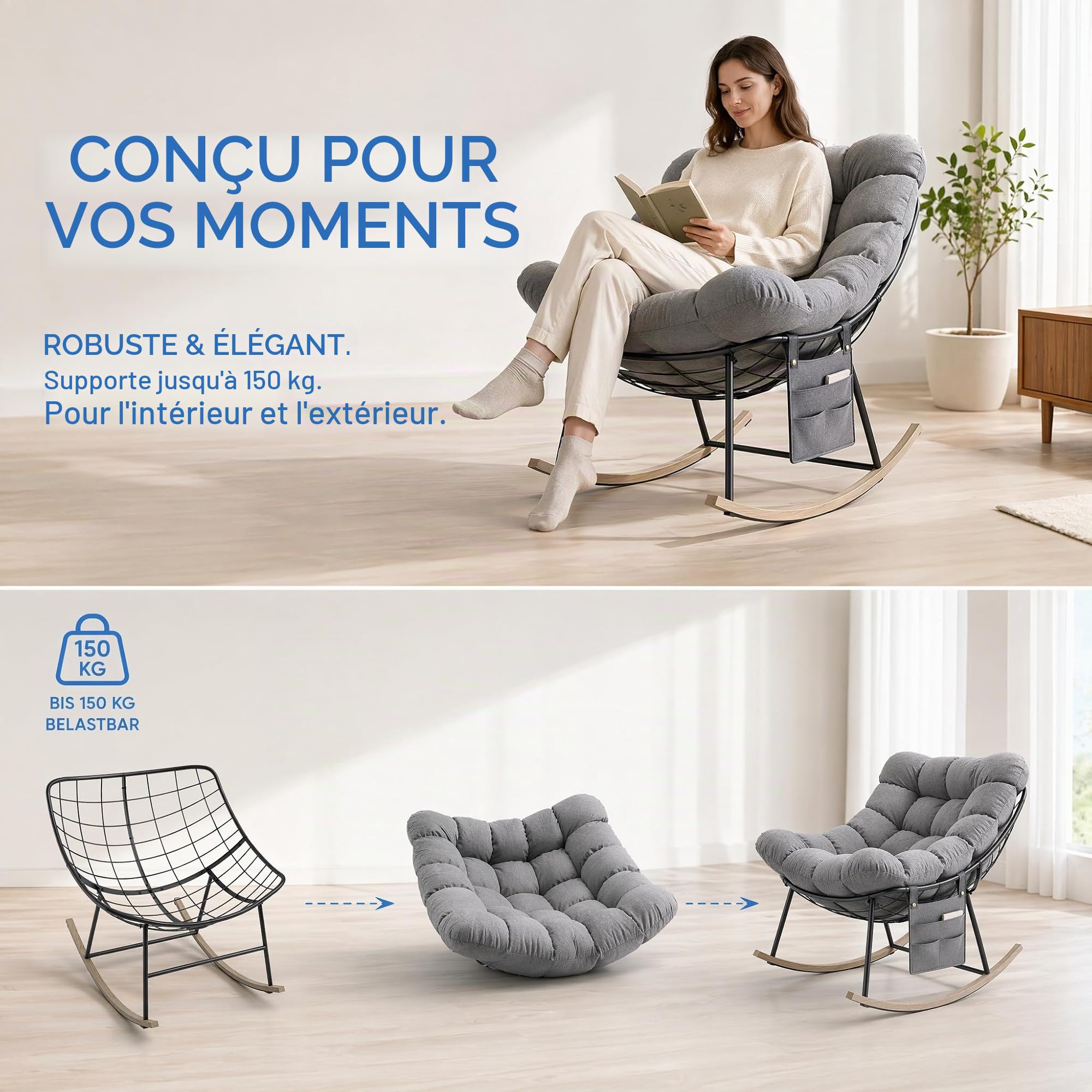 Fauteuil a Bascule Grand Extérieur avec Poche Latérale pour Salon, Jardin
