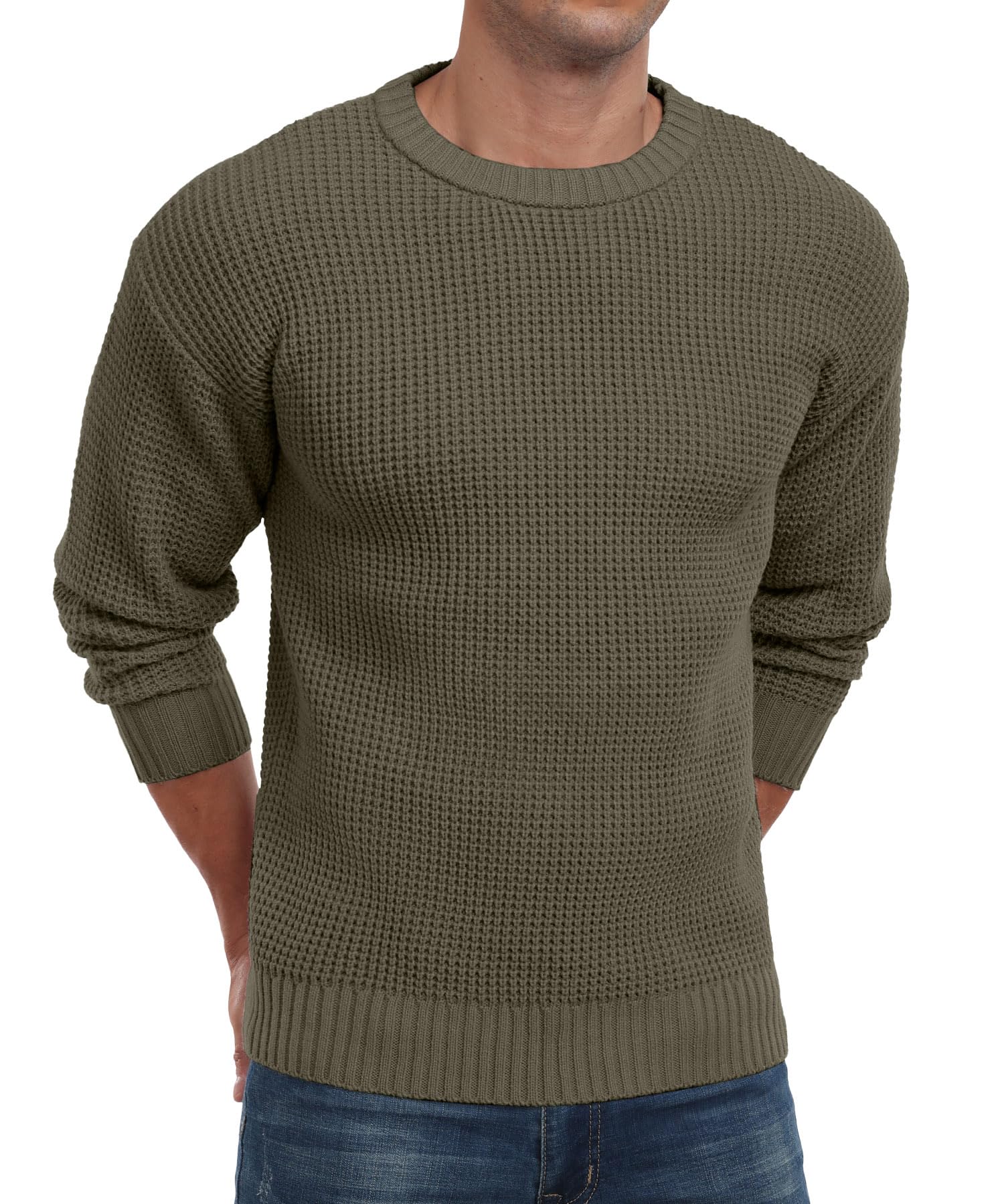 Askdeer Suéter informal de punto de manga larga con cuello redondo y textura gofre para hombre
