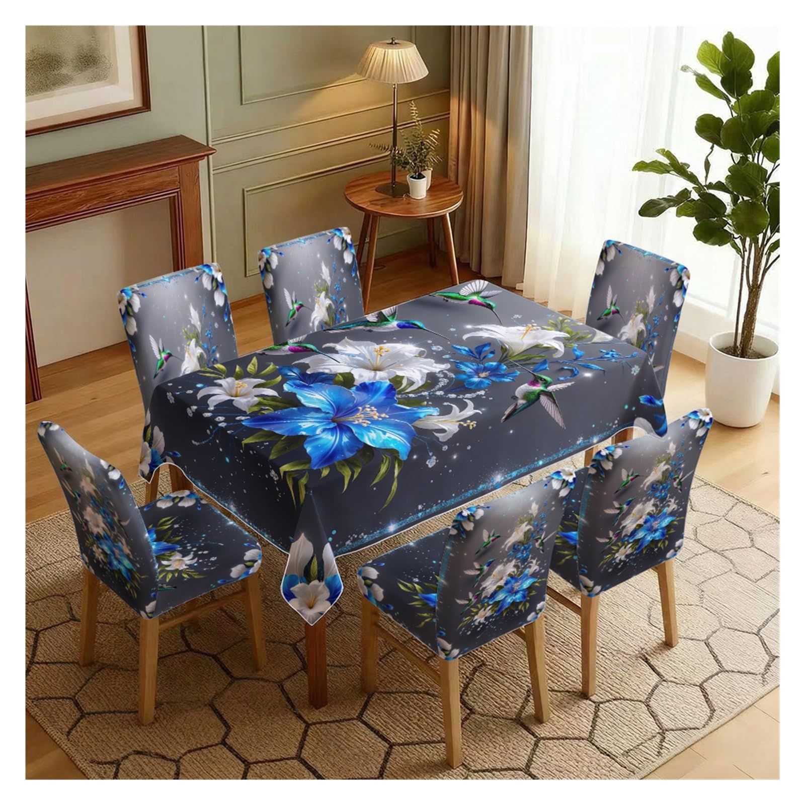 BOSUYBN Stretch Dining Chair Slipcover & Tablecloth Set, Blue Lily Hummingbird Floral Print, 5/7 Pack, Dining Kitchen Garden Home Decor Table Setting(7pcs Set: Tablecloth+Chair Covers)