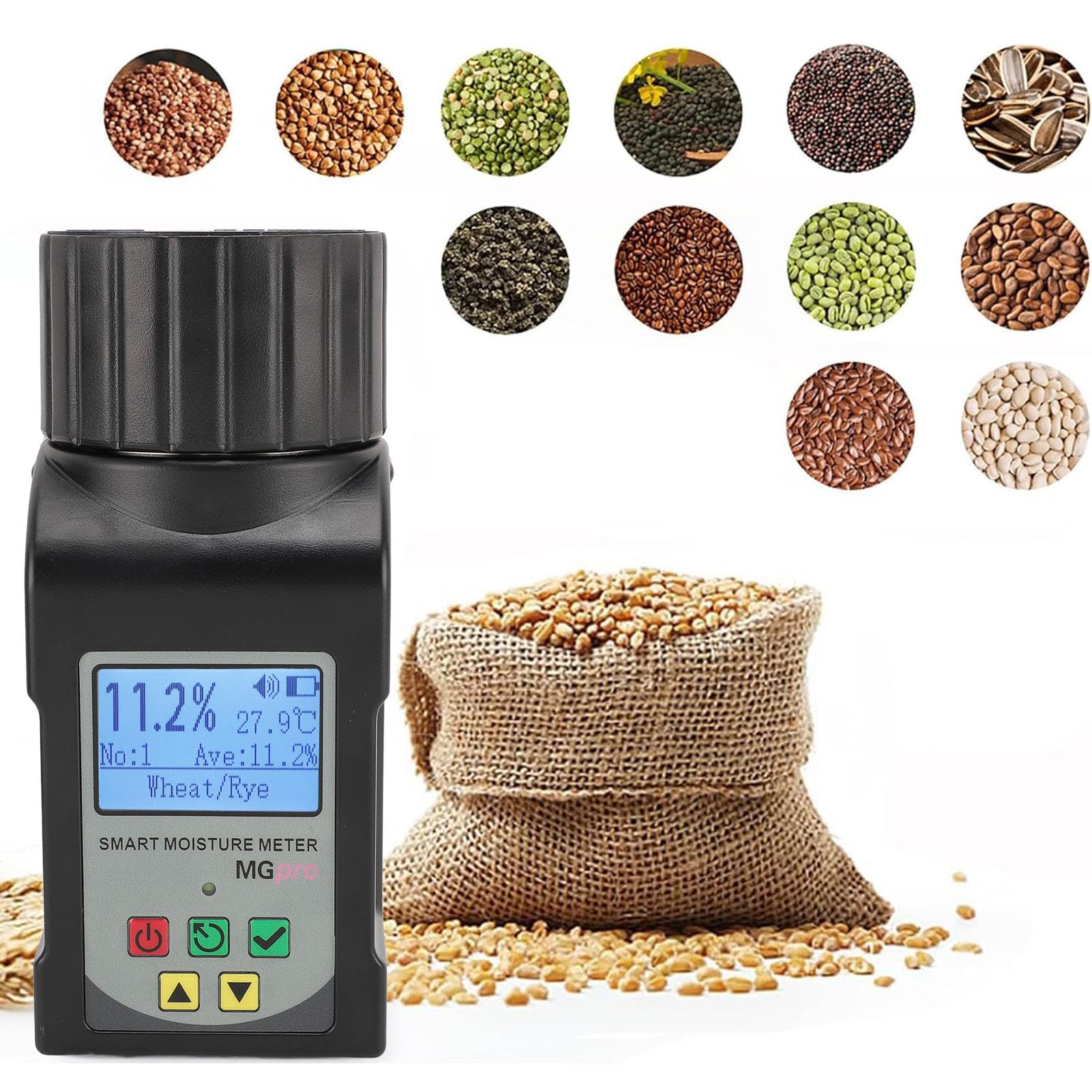 Tnfeeon Tester per Cereali con Display LCD Portatile Mini Misuratore di umidità per Cereali per caffè, Cacao, Riso, Grano, 25 Tipi