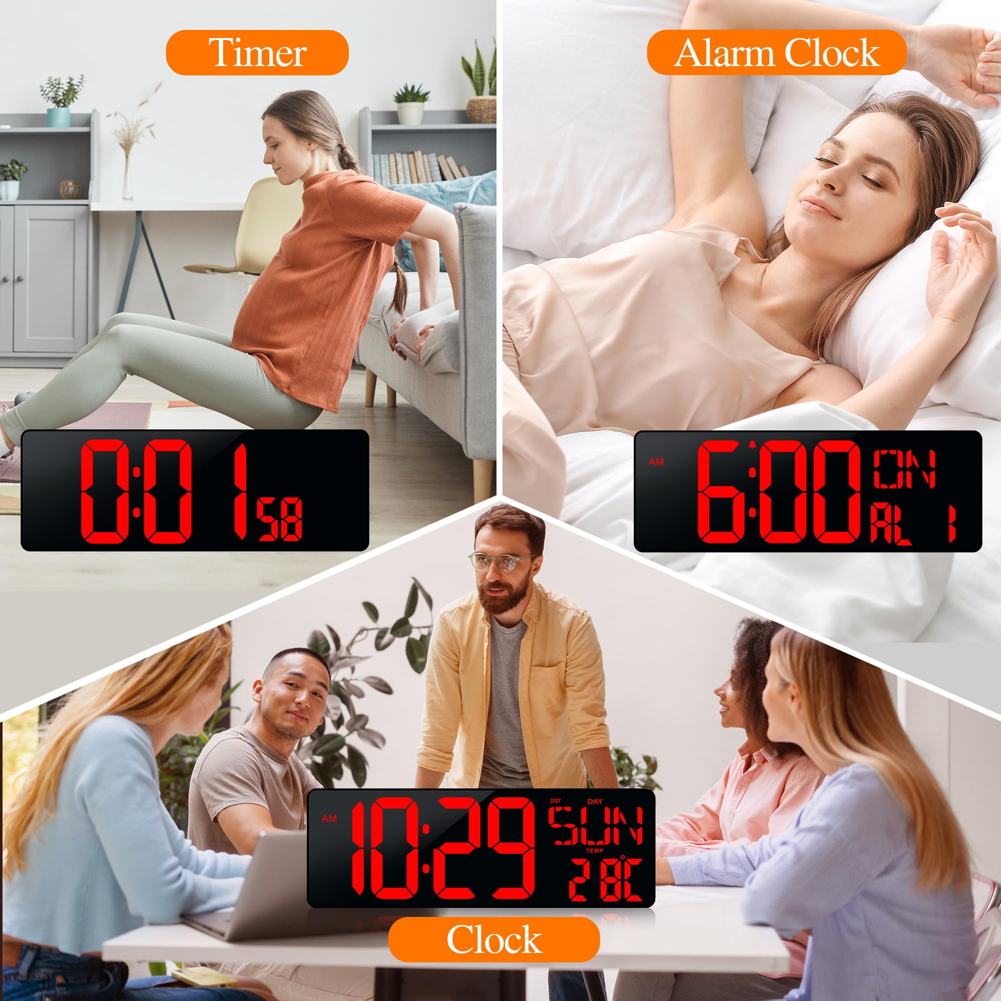 Grande orologio da parete digitale con telecomando, display LED grande da 43,7 cm con timer, temperatura, data, settimana, regolazione automatica ora legale, luminosità regolabile, grande sveglia da