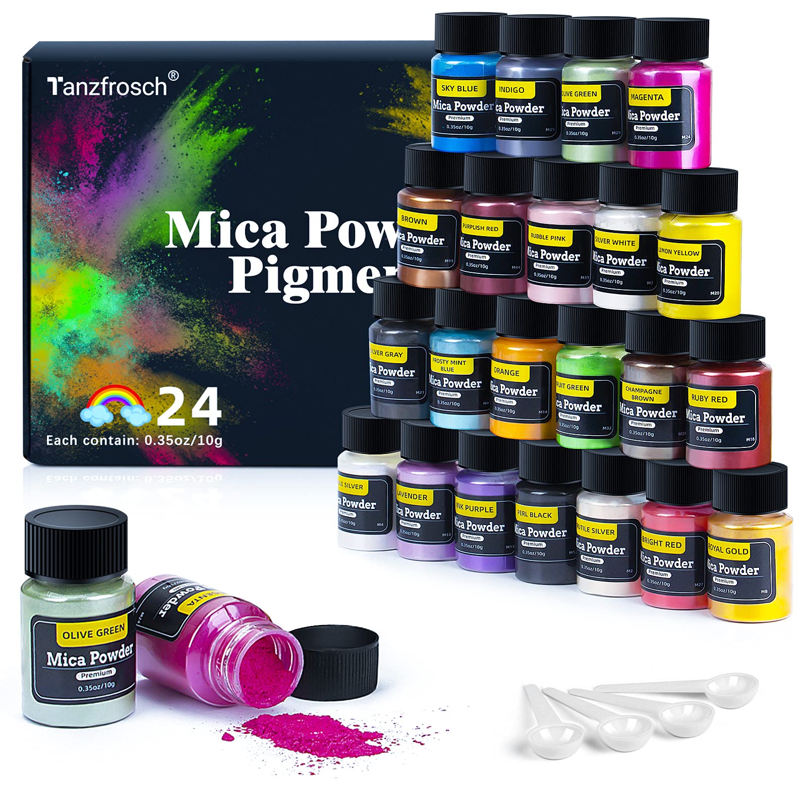 24 Colors Mica Powder, Epoxy Resin Dye, Mica Pigment Powder for Resin Art, Slime, Soap Making, Candle, Bath Bombs, Lip Gloss, Eye Shadow and Nail Polish (10g/0.35oz Each)