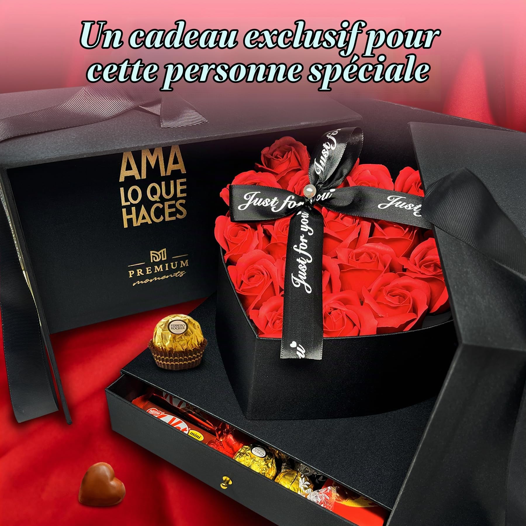 Coffret Écrin Premium de Saint-Valentin · Cadeau Deluxe avec 18 Roses Parfumées et plus de 36 Chocolats Ferrero Rocher, Lindt Lindor, Caja Roja, Cœurs en Chocolat, Kinder Bueno et plus · Écrin Réutili
