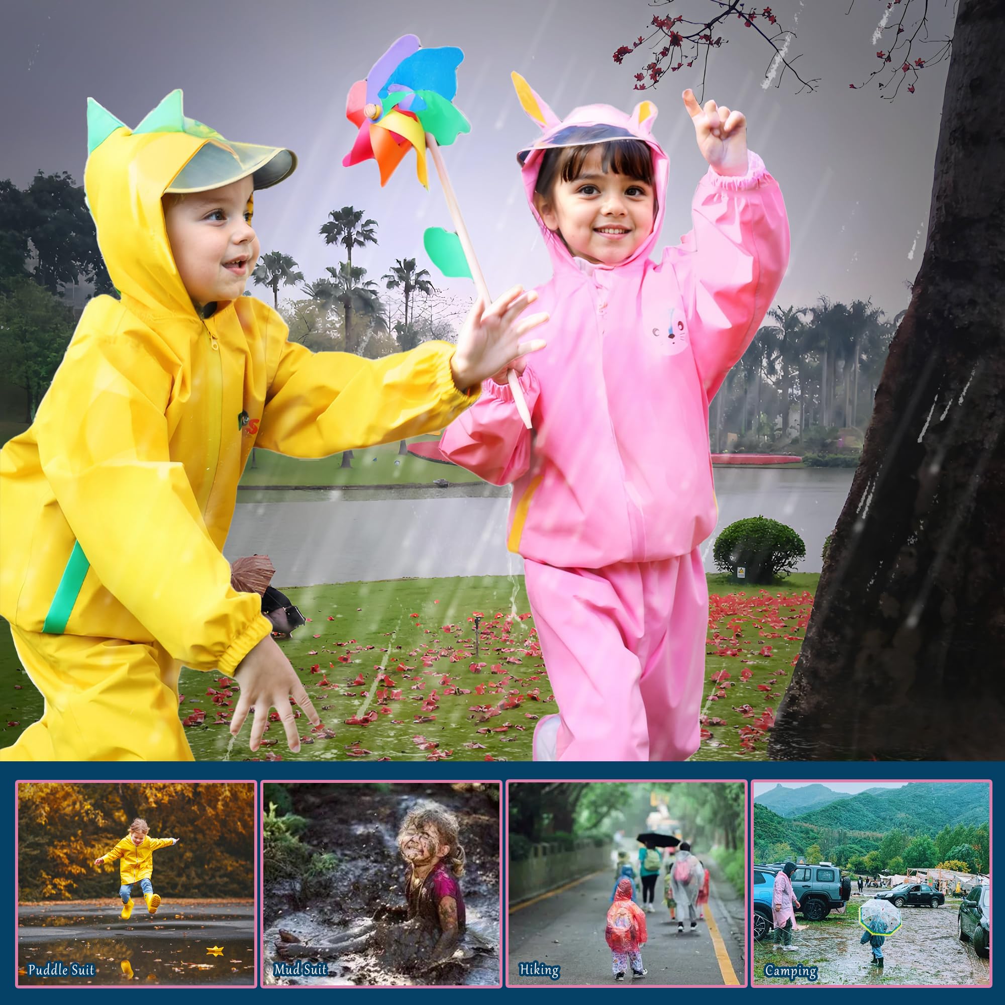 Tuta Impermeabile Bambino Bambina con Cappuccio Traspirante Leggero Antipioggia Giacca & Pantaloni Impermeabili con Riflettente e Animalier Pioggia Cappotto per Ragazze Ragazzi 2-7 anni