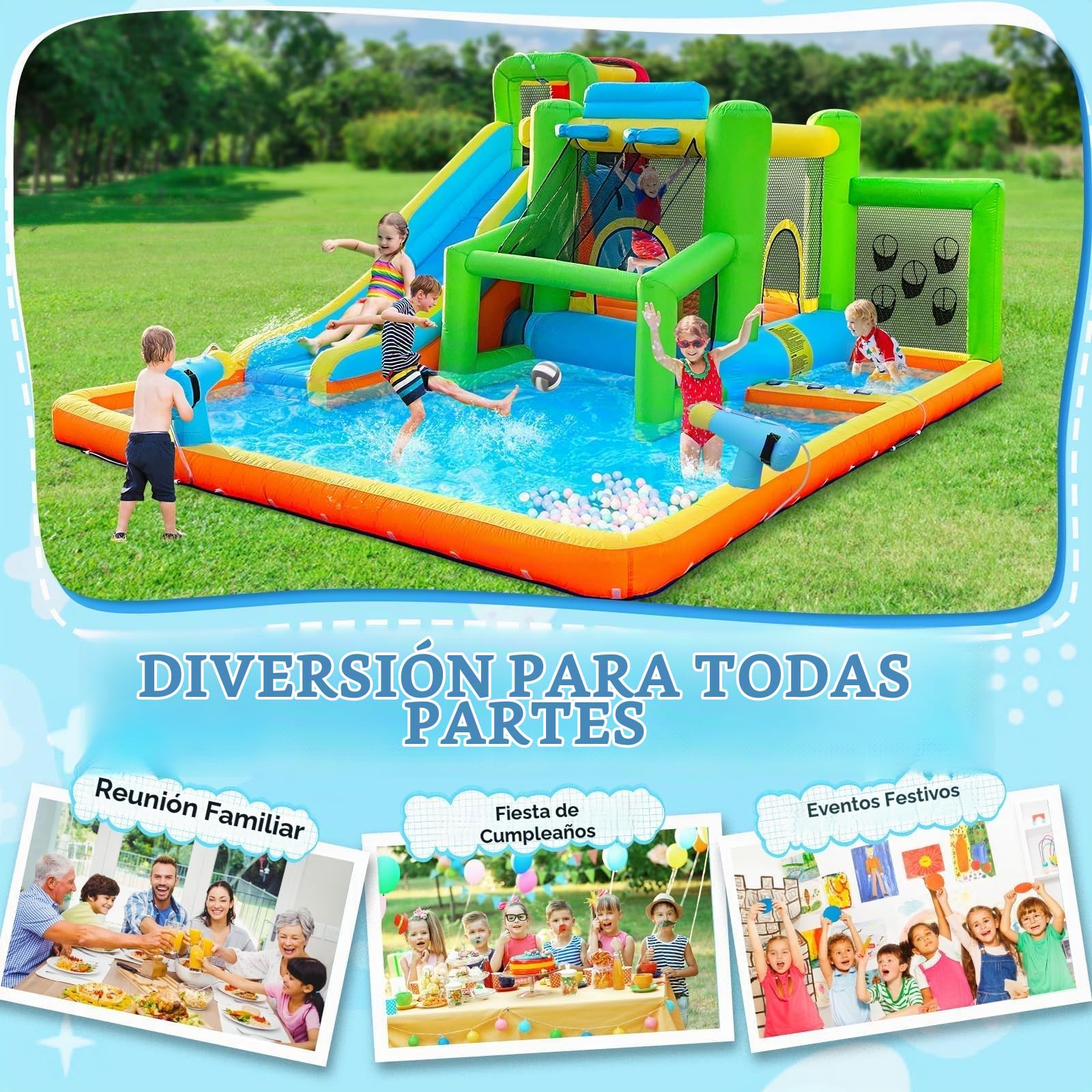 Castillo Hinchable con Soplador, para 4 Niños/140KG, 425 x 355 x 215 cm