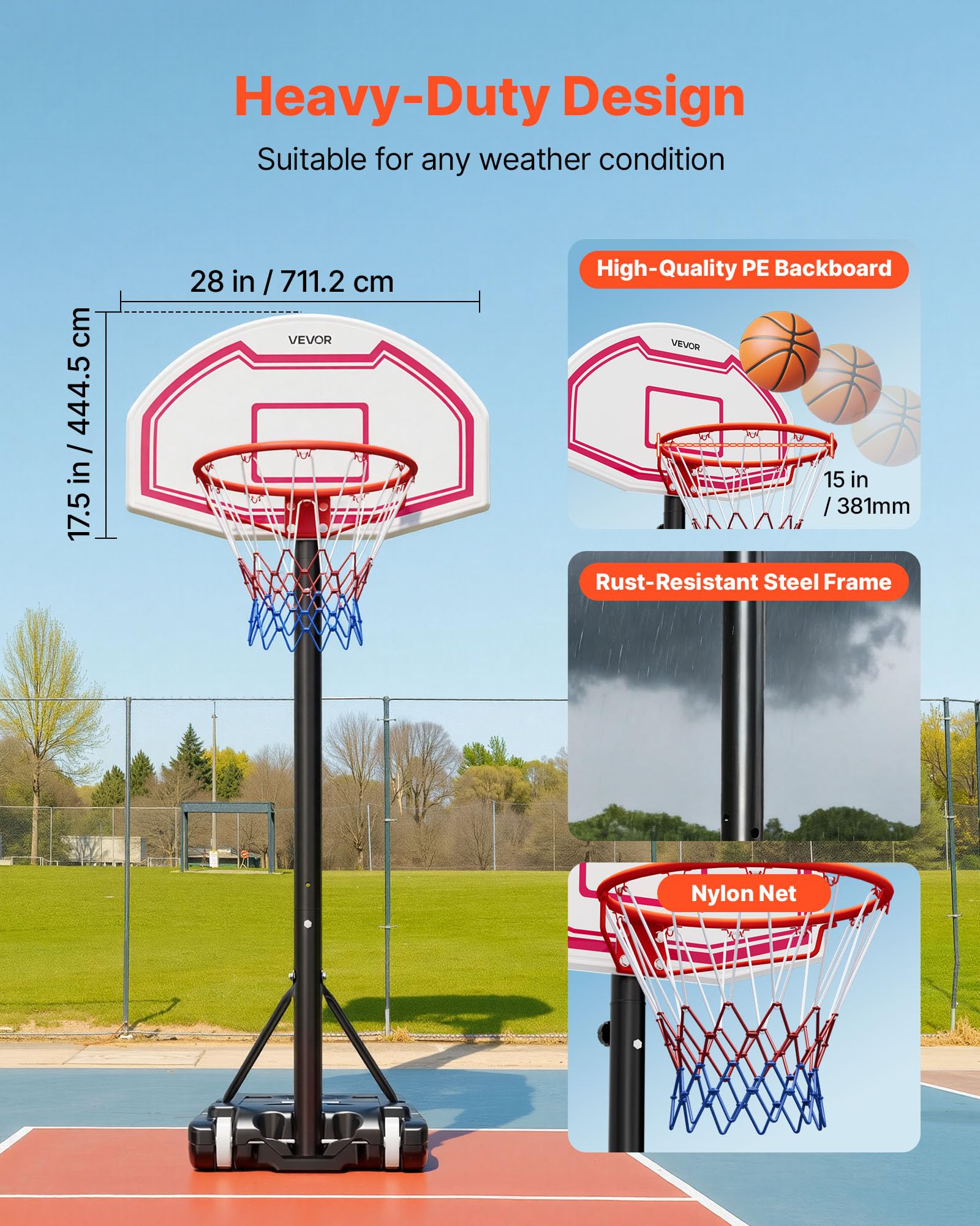 VEVOR Panier de Basket-Ball sur Pied Hauteur Réglable de 1,6 à 2,1 m, But de Basketball Mobile avec Roues, Système de Cerceau Panneau et Filet en Nylon pour Basket, pour Terrasse Extérieur Intérieur
