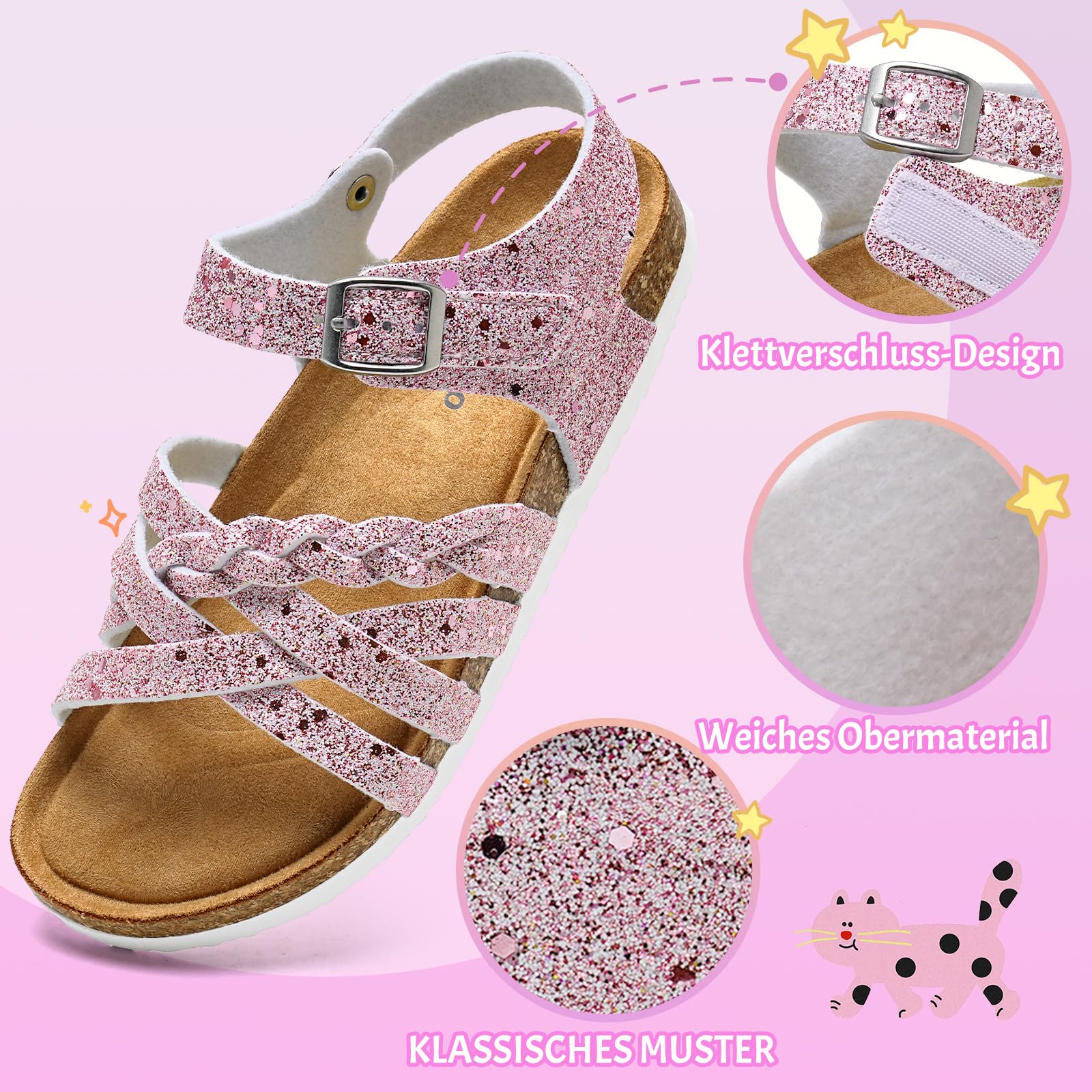 Torotto Sandalen Mädchen Mit Kork Sandals Kinder Pantoffeln Riemen Verstellbare Schnalle Rutschfeste Mit Klettverschluss Sandaletten für Drinnen und Draußen(Rosa Glitter, 33EU)