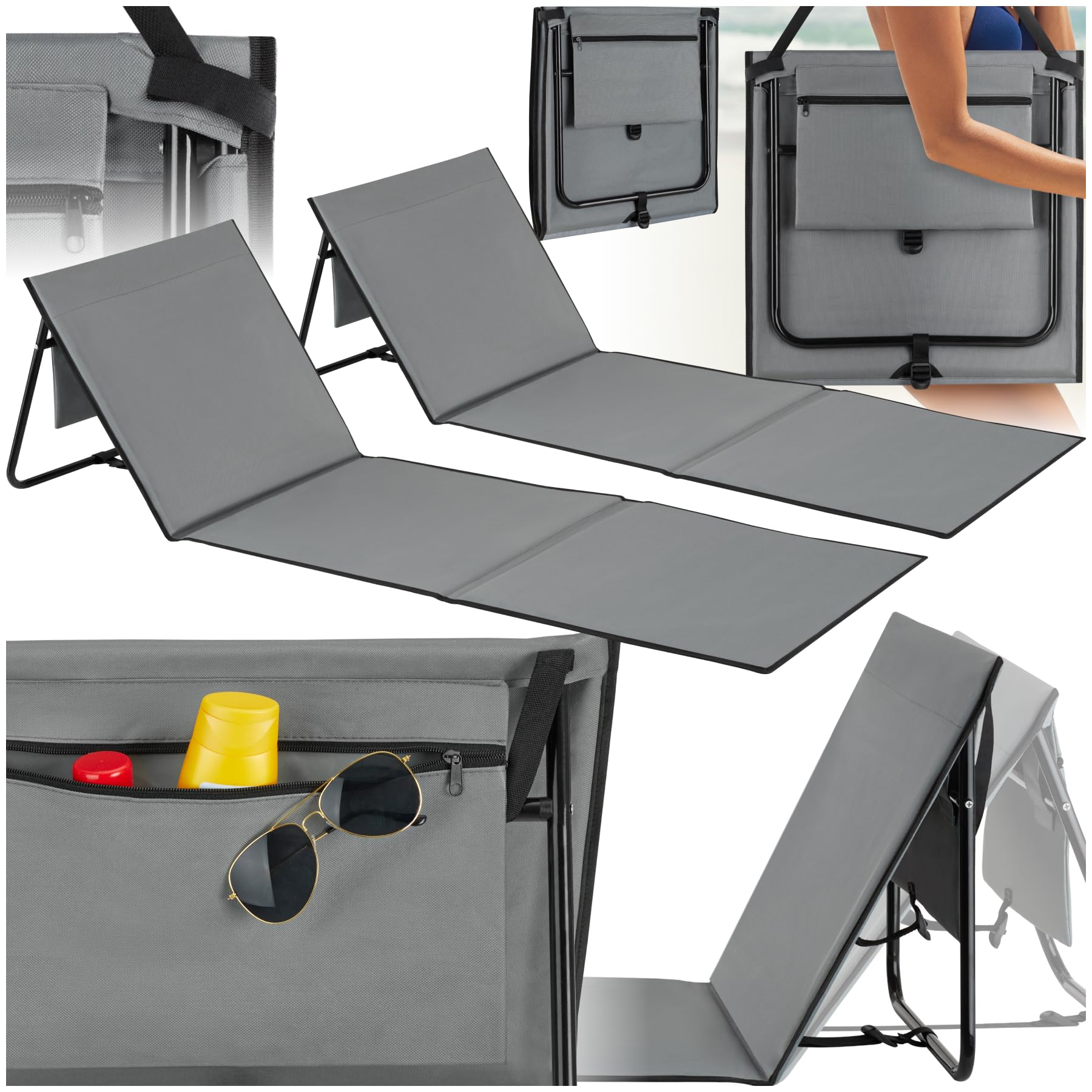 tectake® Lot de 2 Matelas de Plage Pliable avec Dossier Réglable Bain de Soleil Chaise Longue de Plage avec Sangle de Transport, Matelas Pliable 1 Personne idéal Camping, Voyage