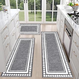 HEBE Farmhouse Kitchen Rugs Sets of 3 Non Slip Washable Boho Kitchen Rugs and Mats for Floor Kitchen Runner Rug Floor Carpet for Kitchen, Laundry, Hallways