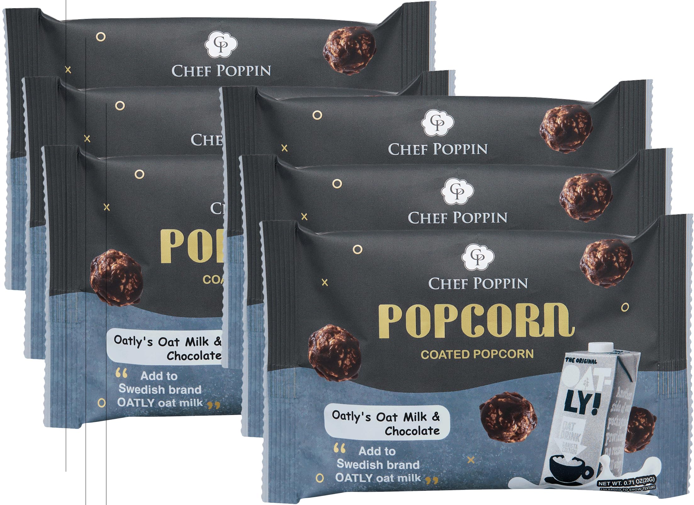 Chef PoppinGourmet Flavored Popcorn, Non-GMO, Oatly's Oat Milk & Chocolate, 20g, 6 Pack, .71 oz each
