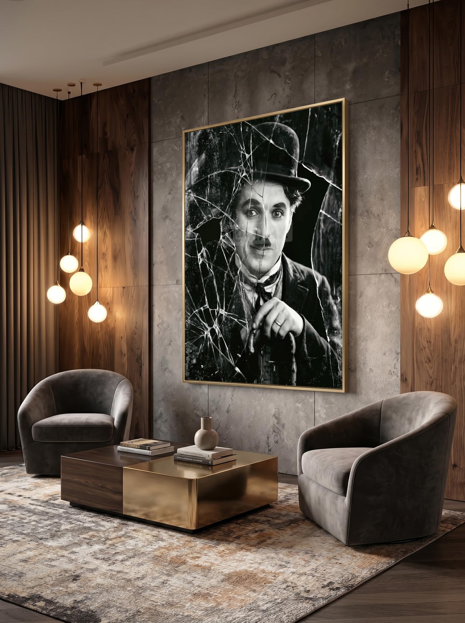 Tomaok® - Poster Stampa poster d'arte (Cornice non fornita) Charlie Chaplin iconico in bianco e nero con frammenti di vetro rotto, Ritratto cinema muto drammatico