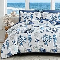 Anibedding Coastal King Comforter Set 7 Piece - Soft Beach Ocean Nautical Bedding, Lightweight All-Season Blue 104x90"