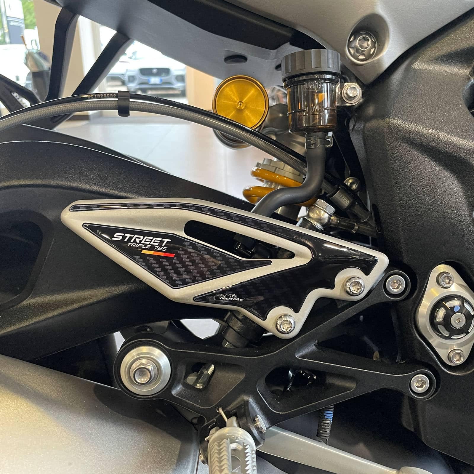 Resin Bike Motorcycle 3D Stickers Compatible with Triumph Street Triple 765 RS 2023-2025. Door Heel Protections from Impact and Scratches. Pair of Resin Stickers - Made in Italy