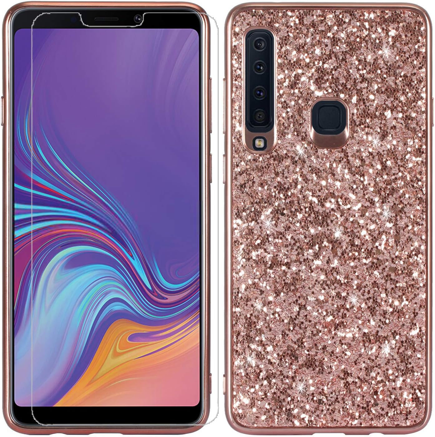Galaxy A9 2018 Case Galaxy A9 Star Pro A9s Case with Screen Protector Glitter Sparkle Bling Shockproof Slim Soft TPU Cute Women Girls Protective Phone Case Cover for Samsung Galaxy A9 2018 (Rose Gold)